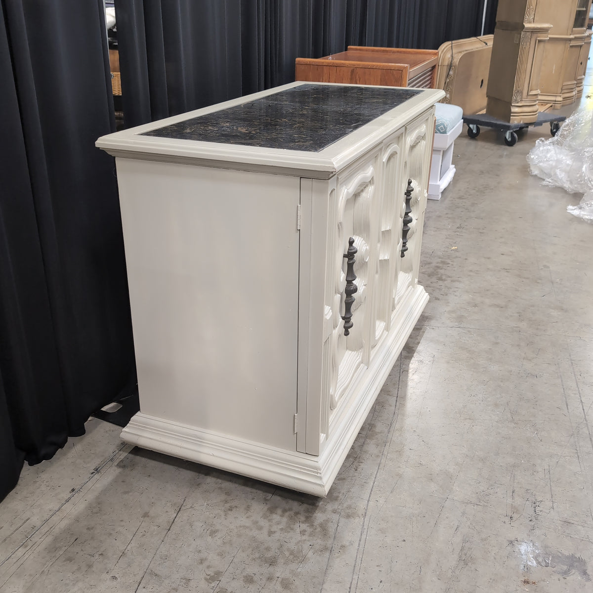 Cream Ornate French Provincial Style Buffet with Dark Top