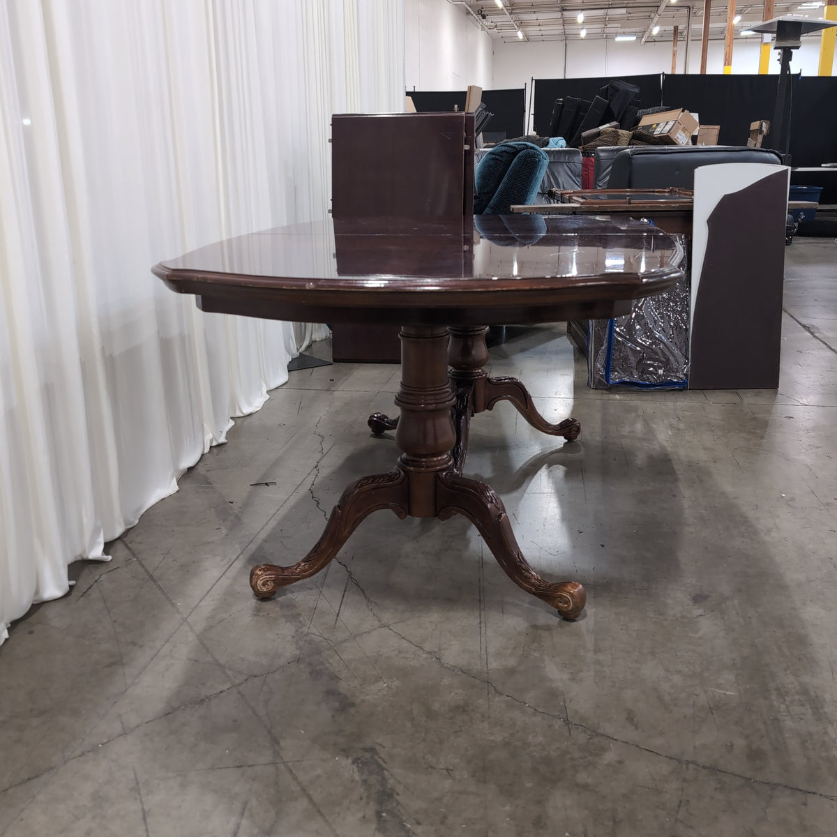 Traditional Dark Wood Oval Dining Table with Pedestal Bases