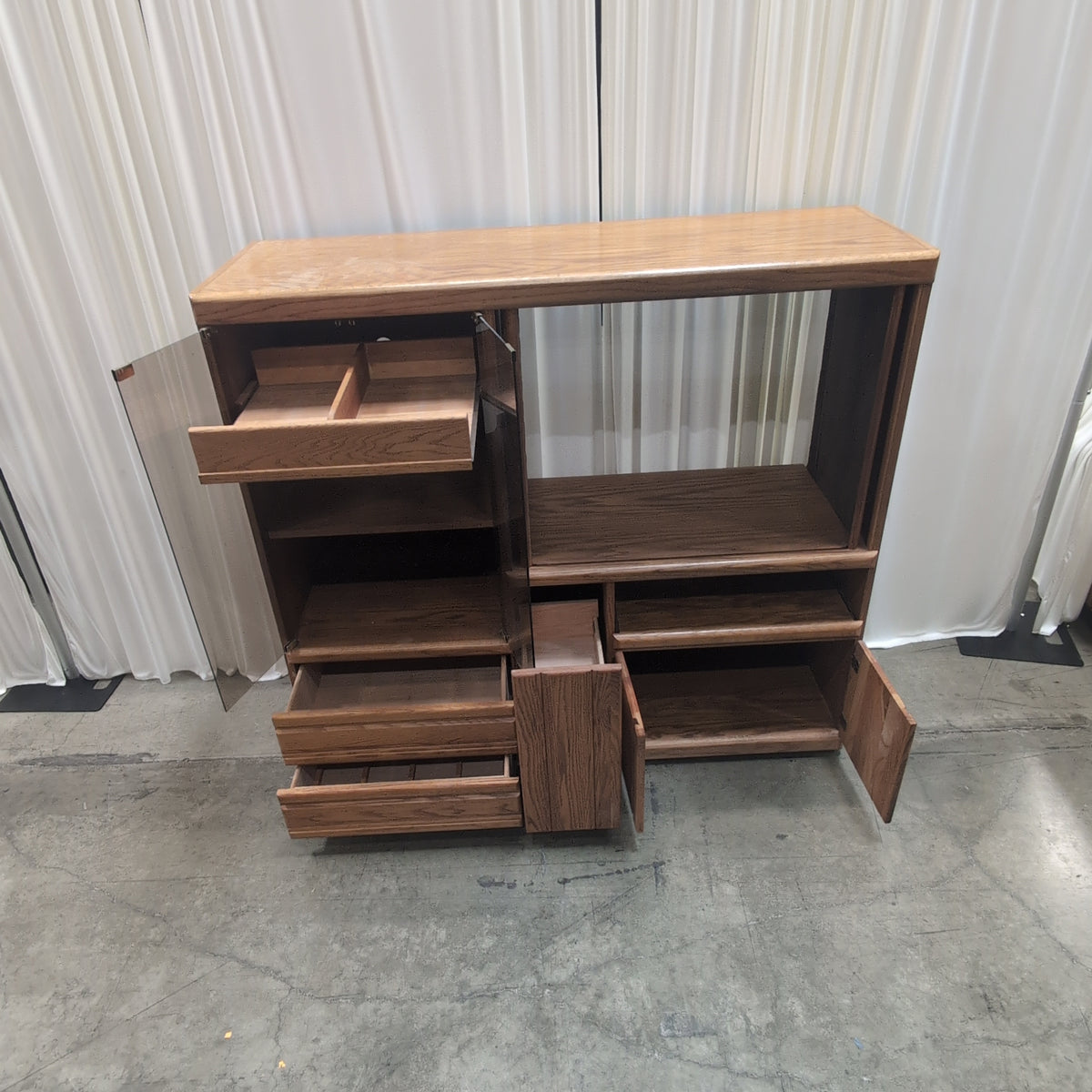Oak Hardwood TV Stand with Smoked Glass Doors