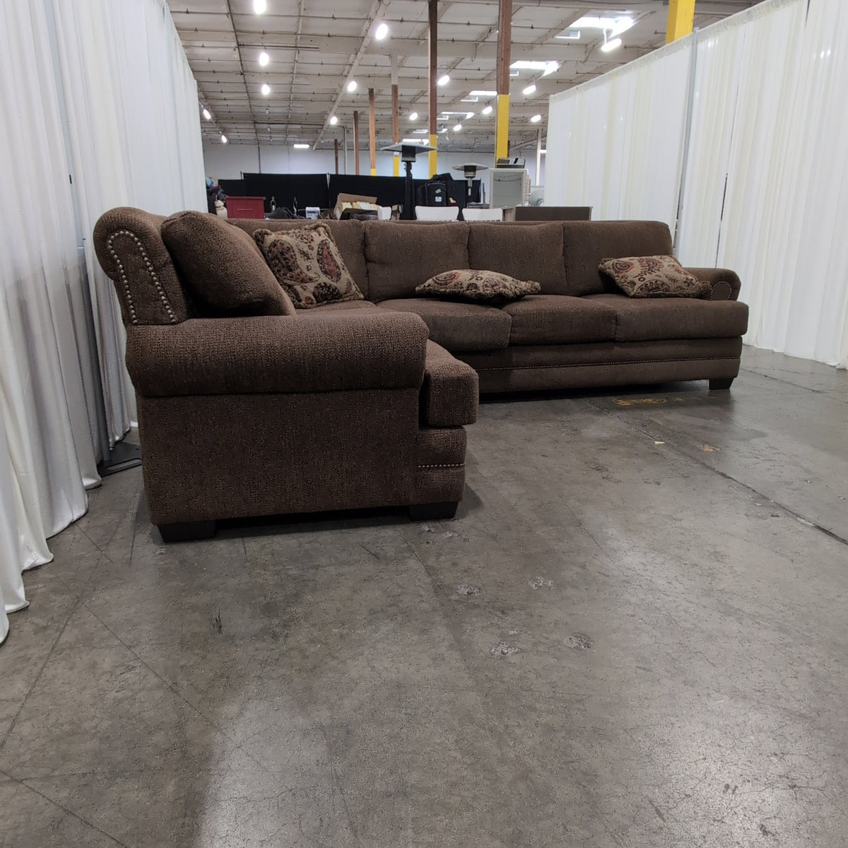 Brown Textured Fabric L-Shaped Sectional Couch with Nailhead Trim