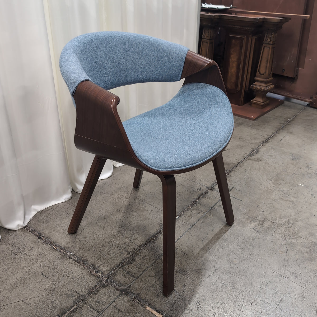 Light Grey Upholstered Modern Chair with Curved Wood Arms
