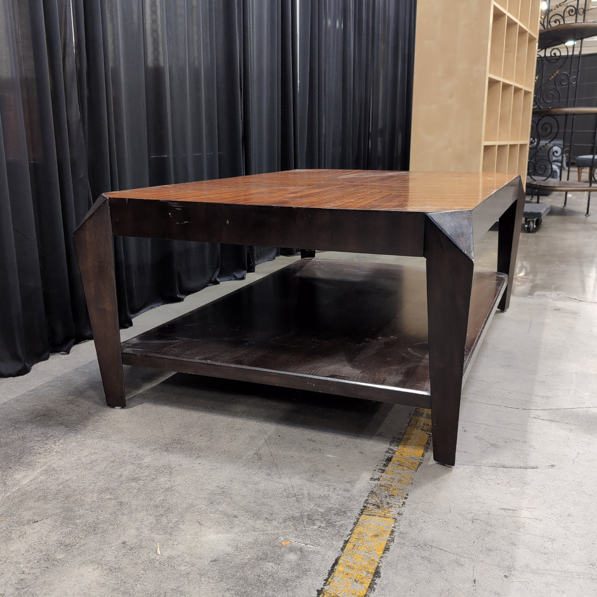 Dark Wood Rectangular Coffee Table with Geometric Veneer Top