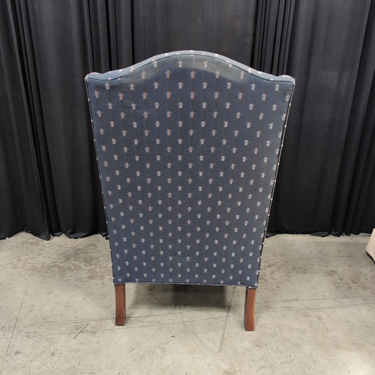 Blue Patterned Wingback Chair with Cabriole Legs