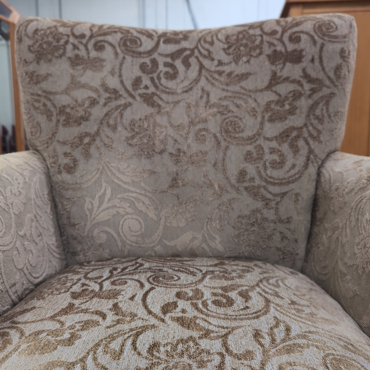 Beige Damask Upholstered Wingback Armchair with Dark Wood Legs