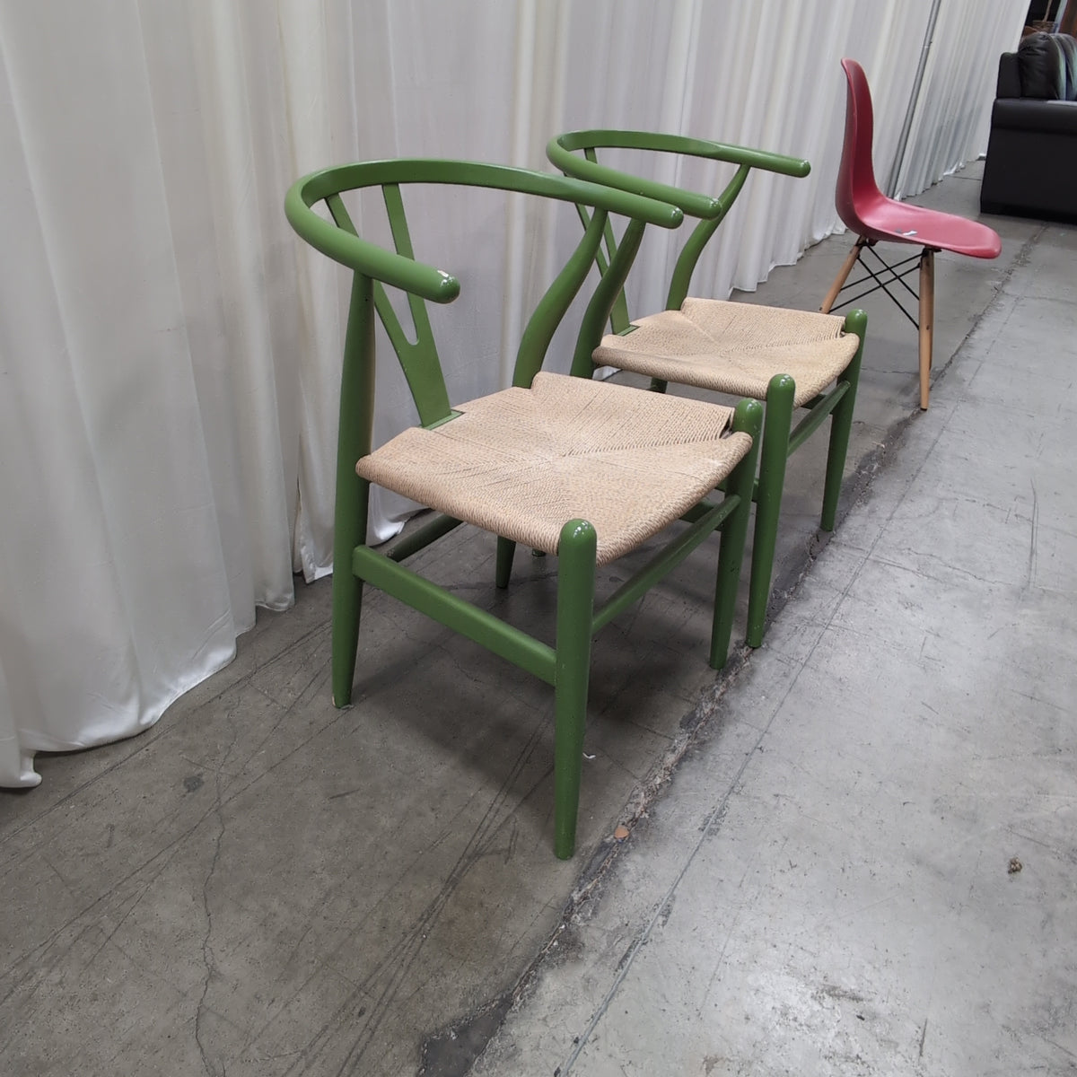 Green Wood Dining Chair with Woven Seat