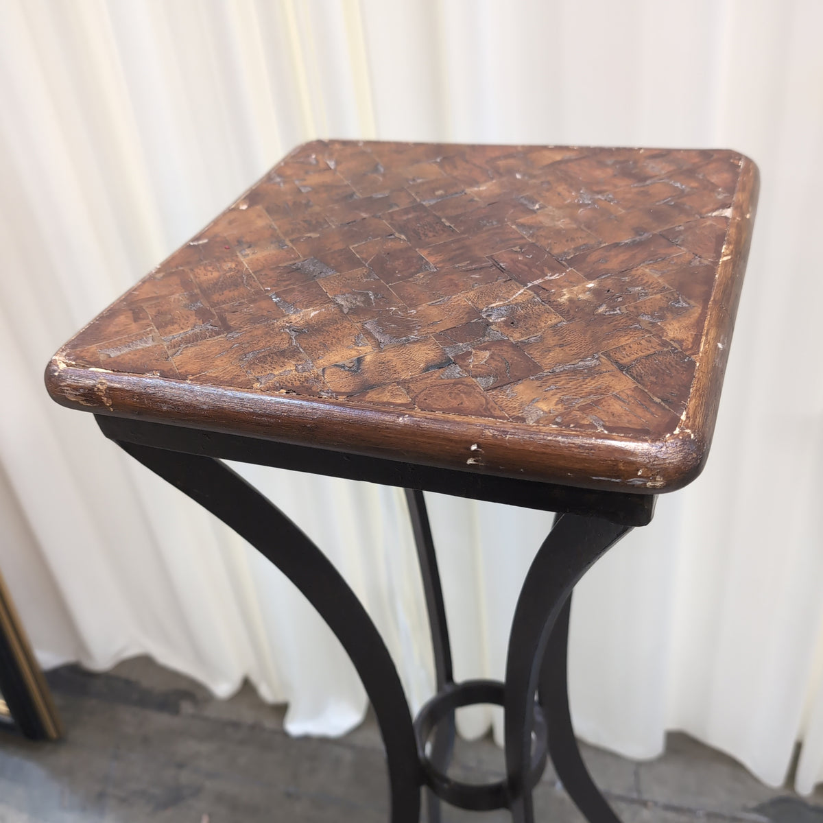 Parquet Wood Top End Table with Metal Base