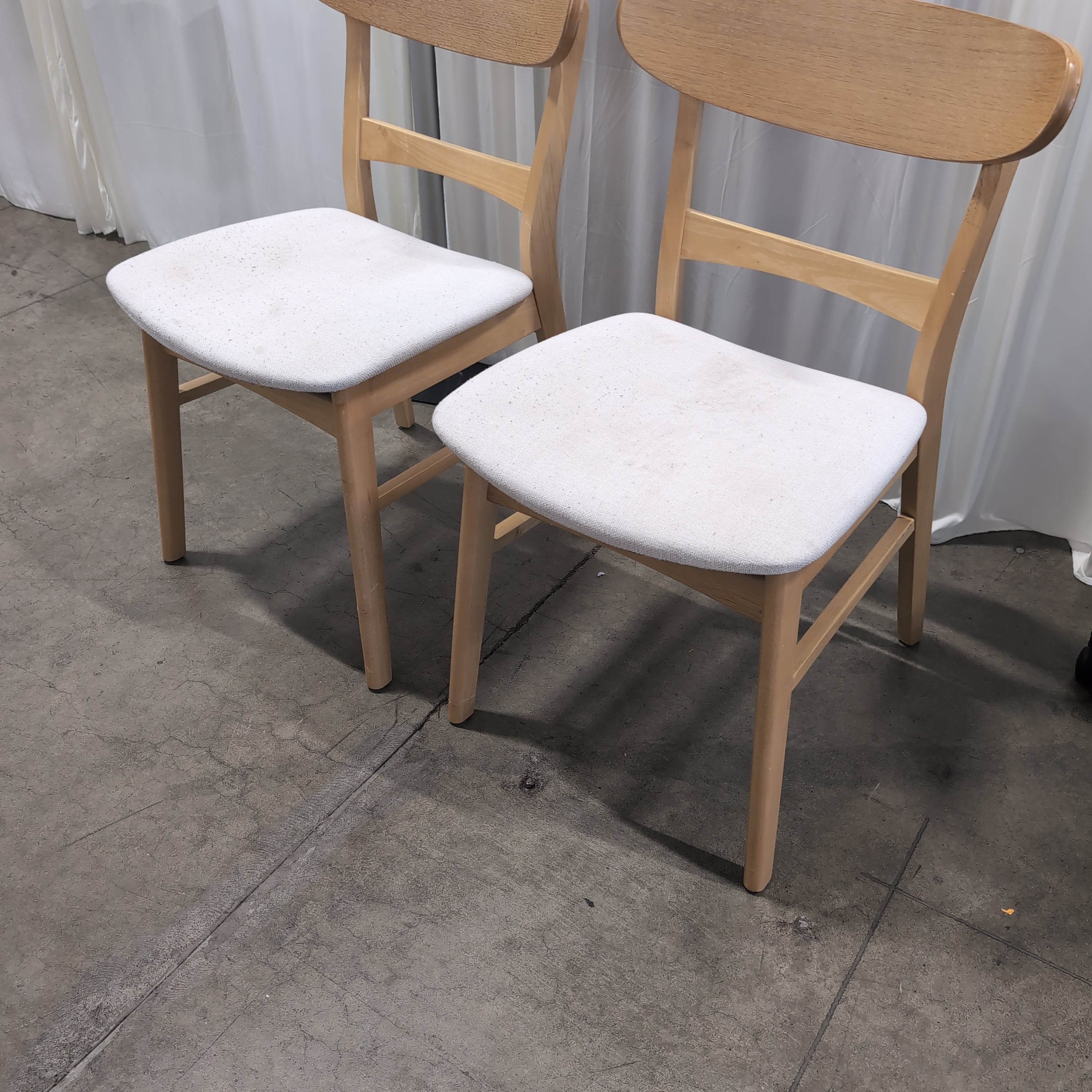 Pair of Natural Wood Dining Chair with White Upholstery