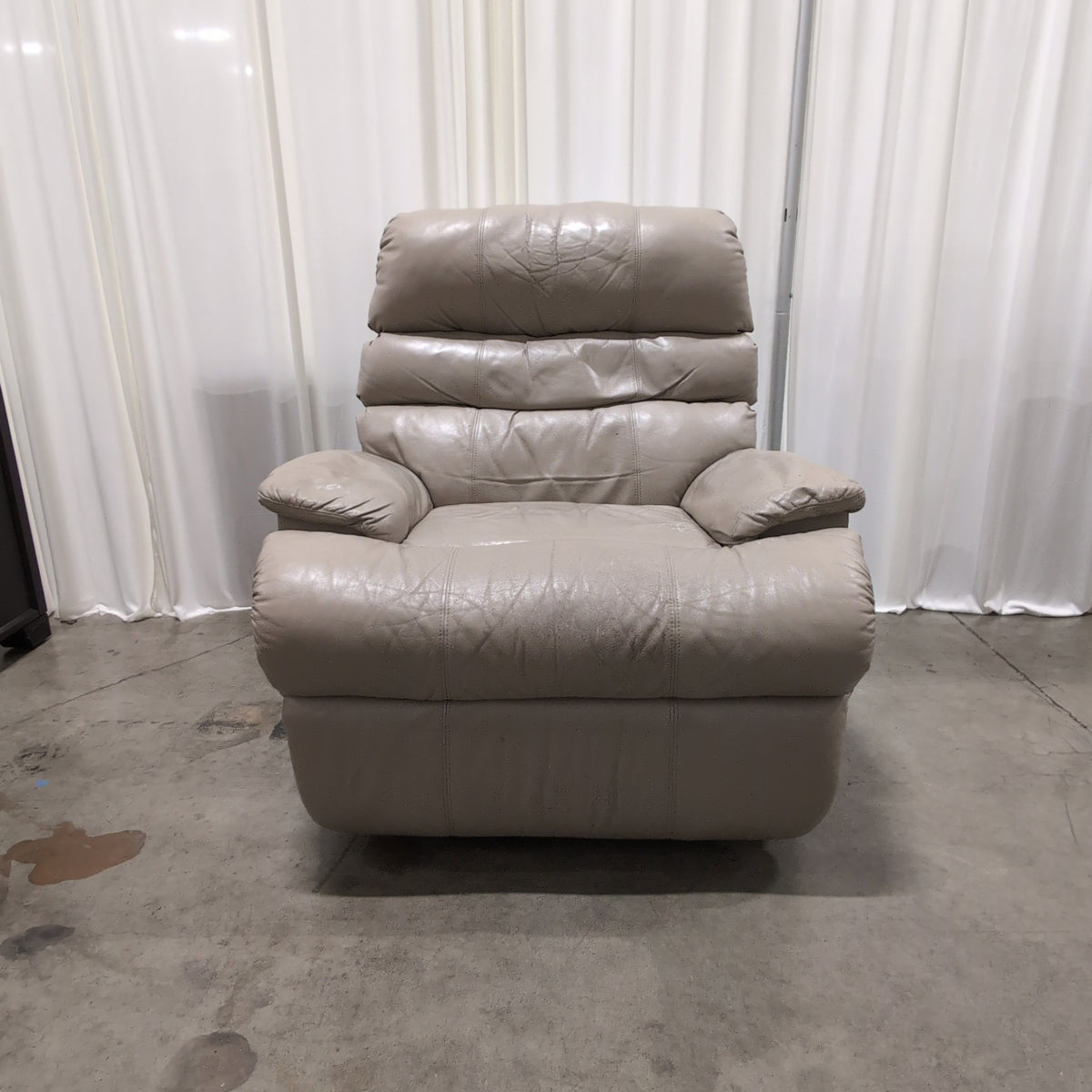 Overstuffed Light Beige Recliner in Leather