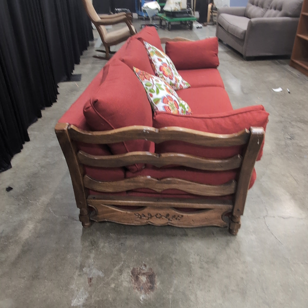 French Provincial Style Red Couch with Carved Wood