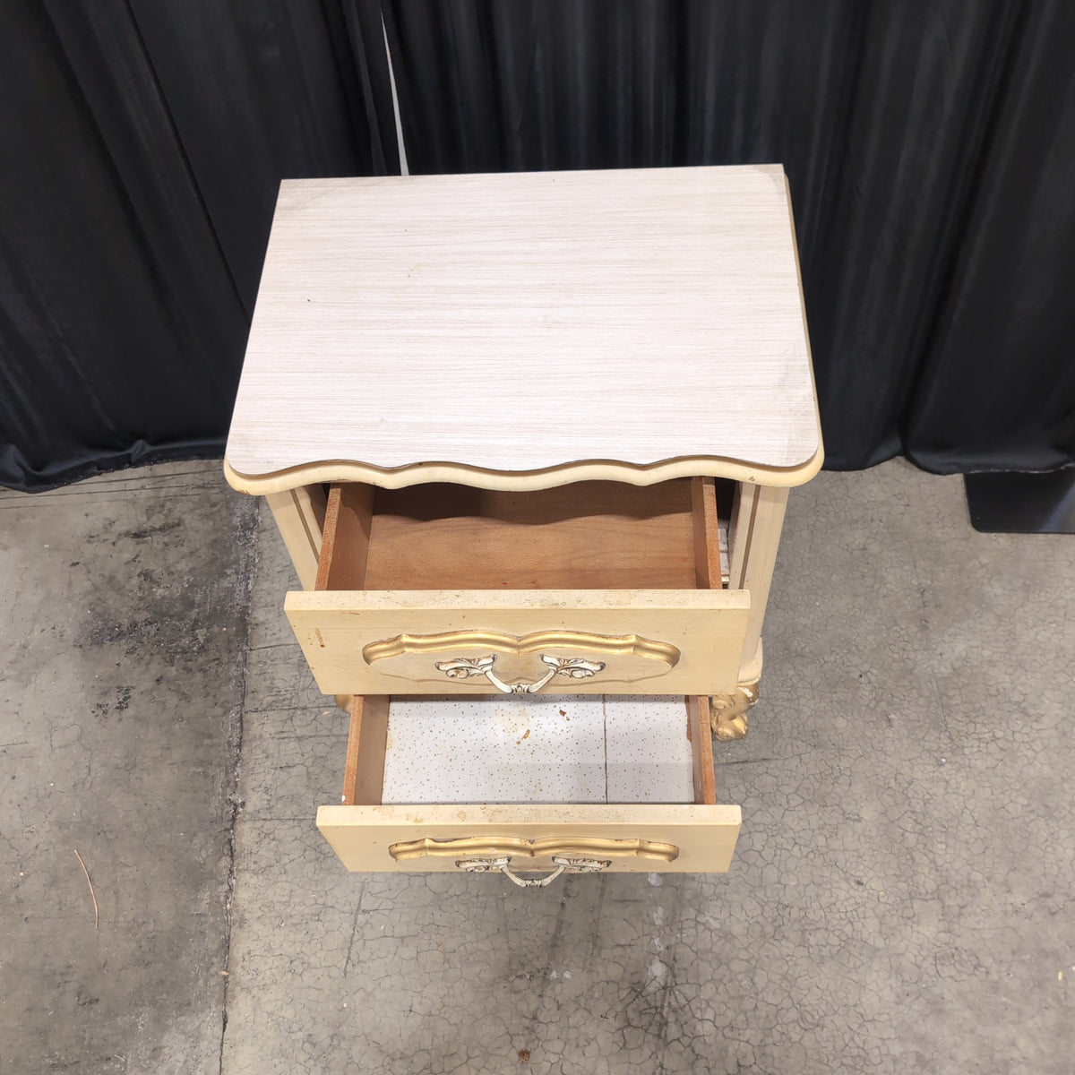 French Provincial Style Two-Drawer Nightstand in Cream Wood