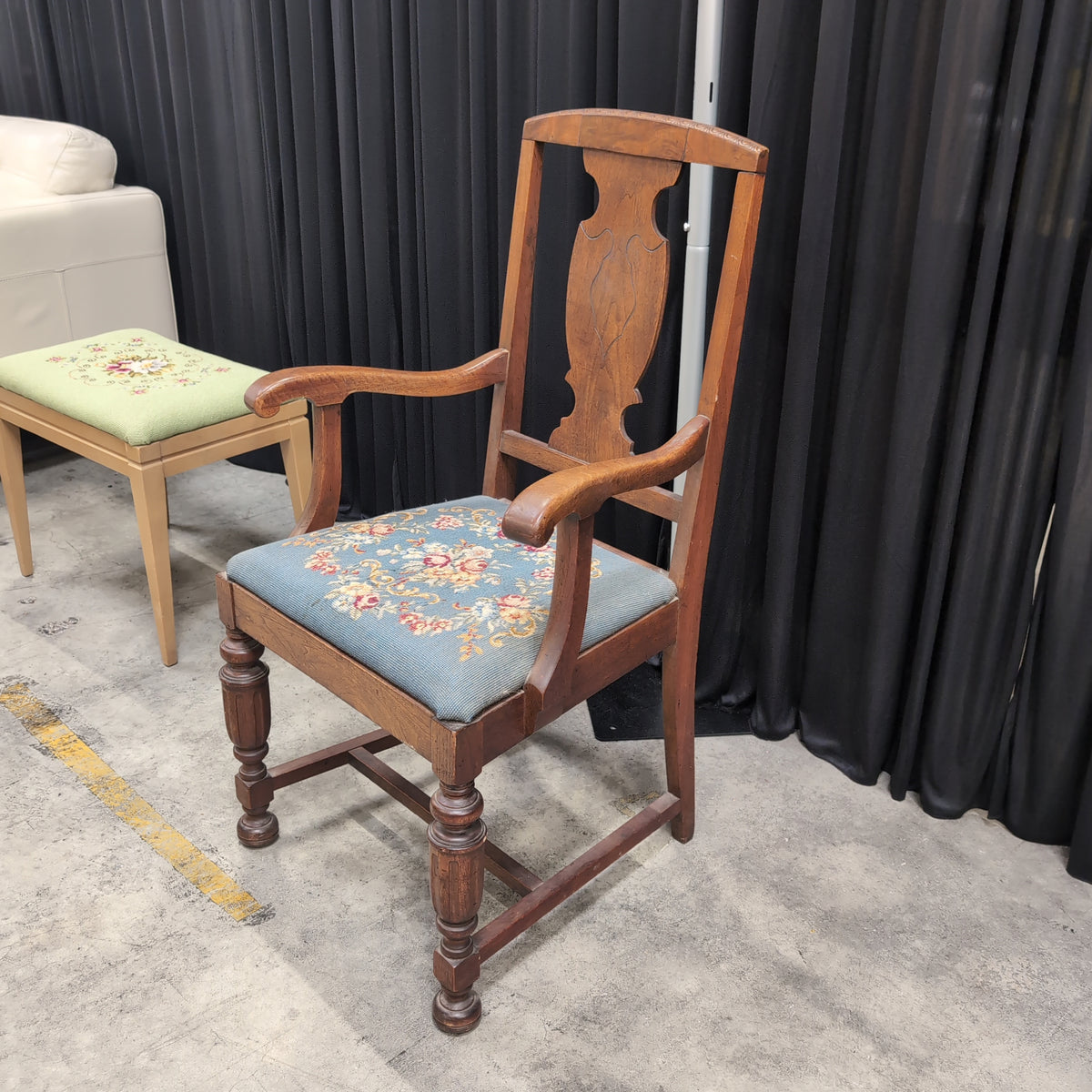 Traditional Carved Wood Armchair with Needlepoint Seat