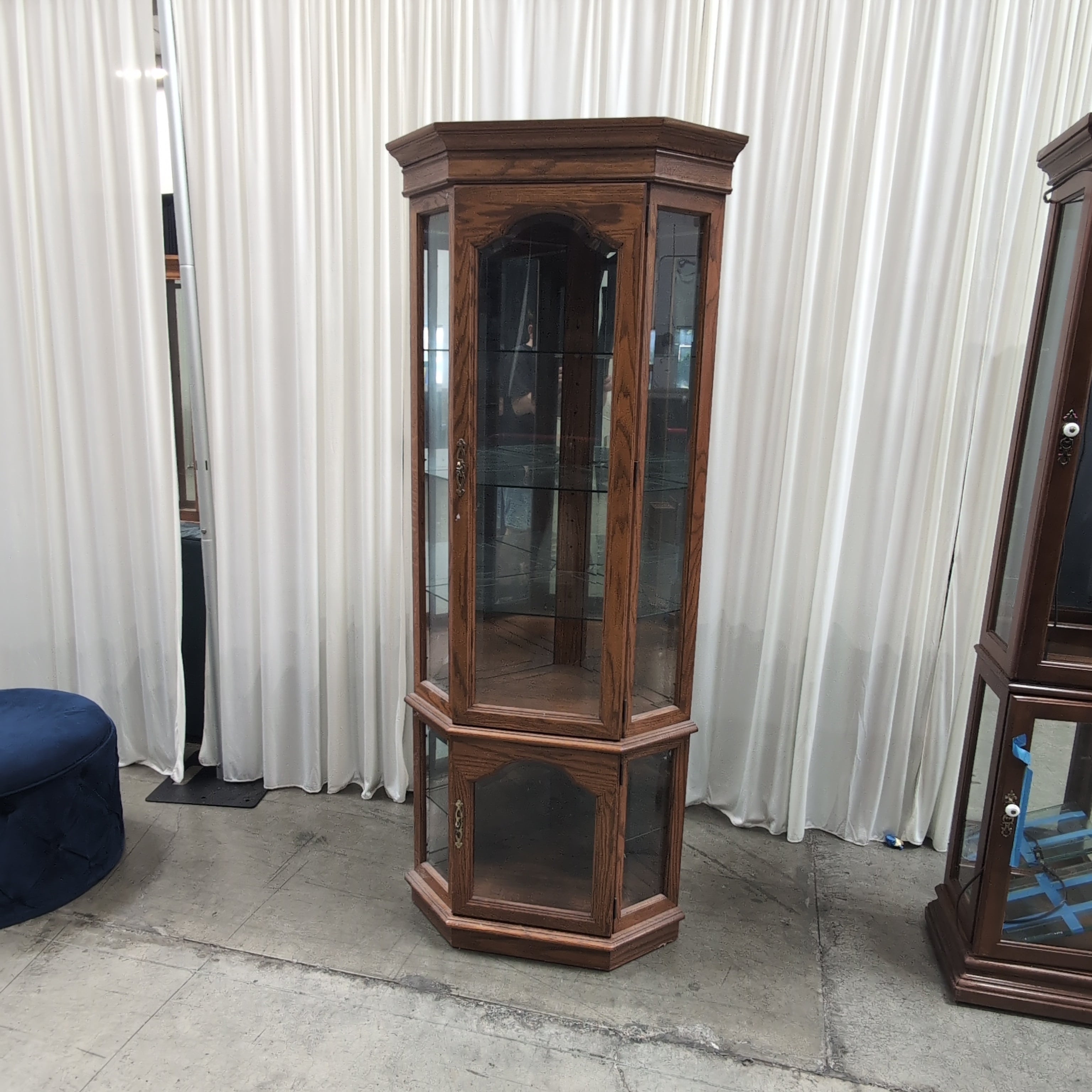 Oak Finish Corner China Cabinet with Glass Doors