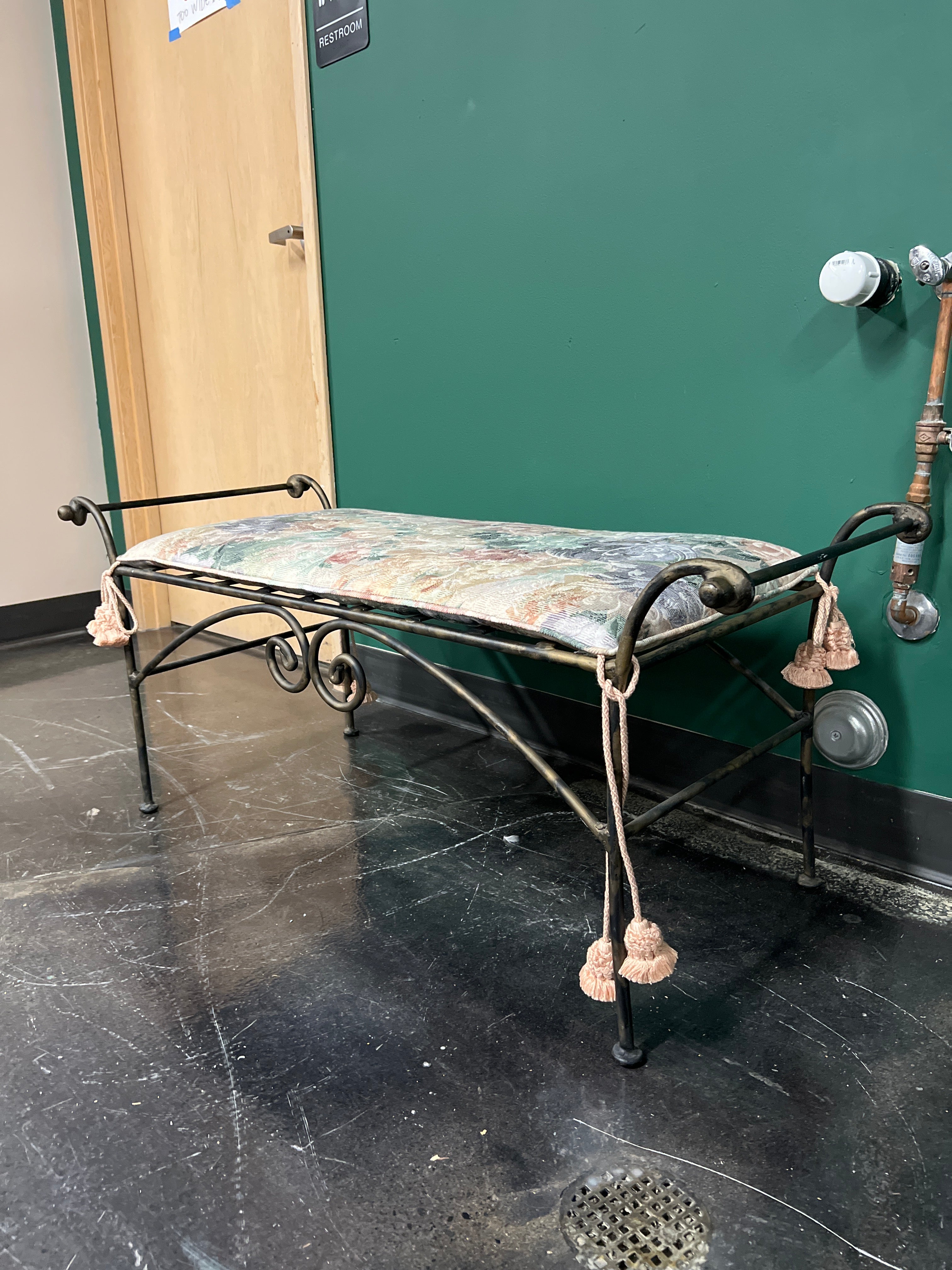 Ornate Metal Bench with Floral Upholstery