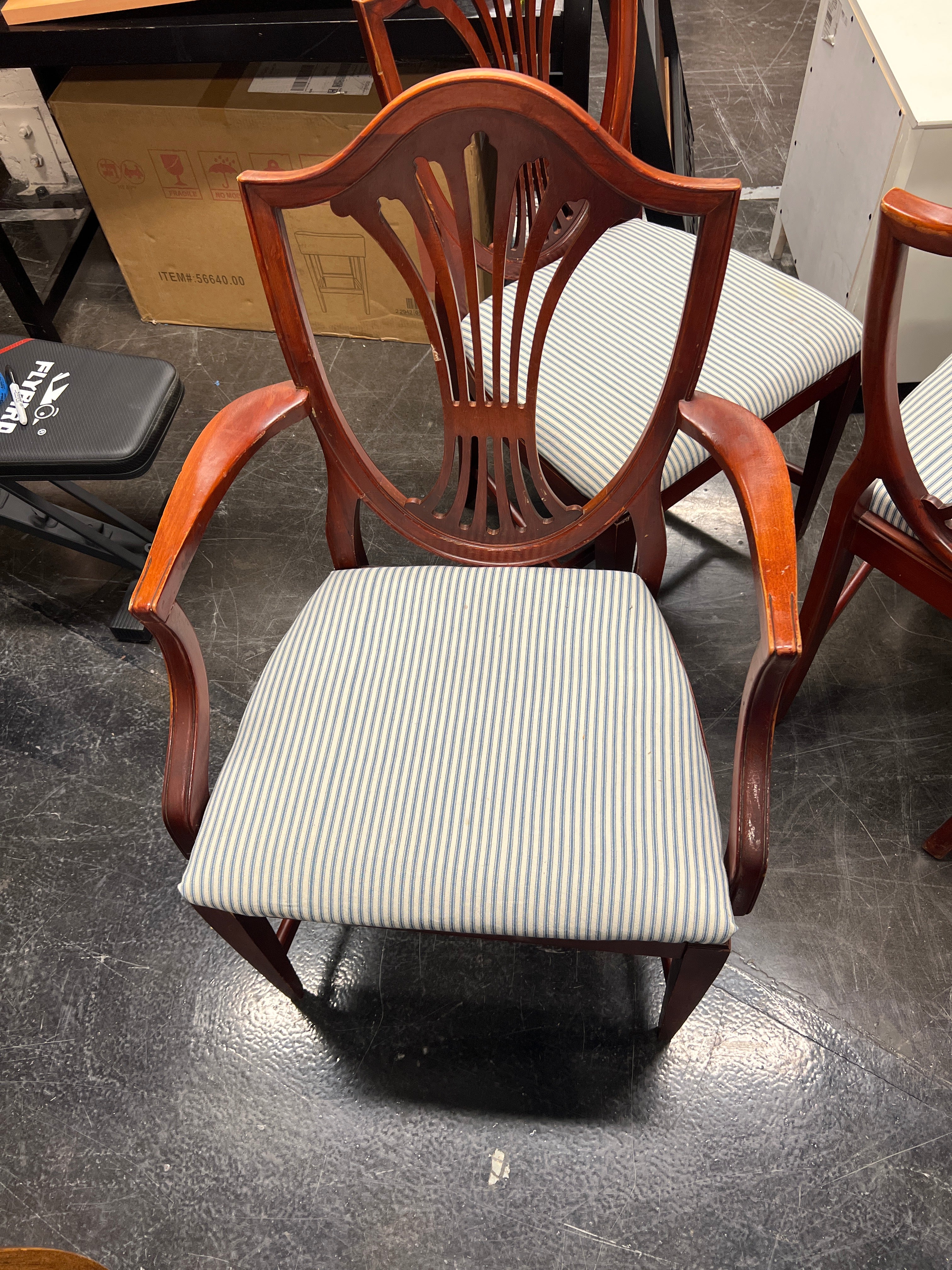 Classic Hardwood Dining Chair with Blue Stripe Seat (With Arms)