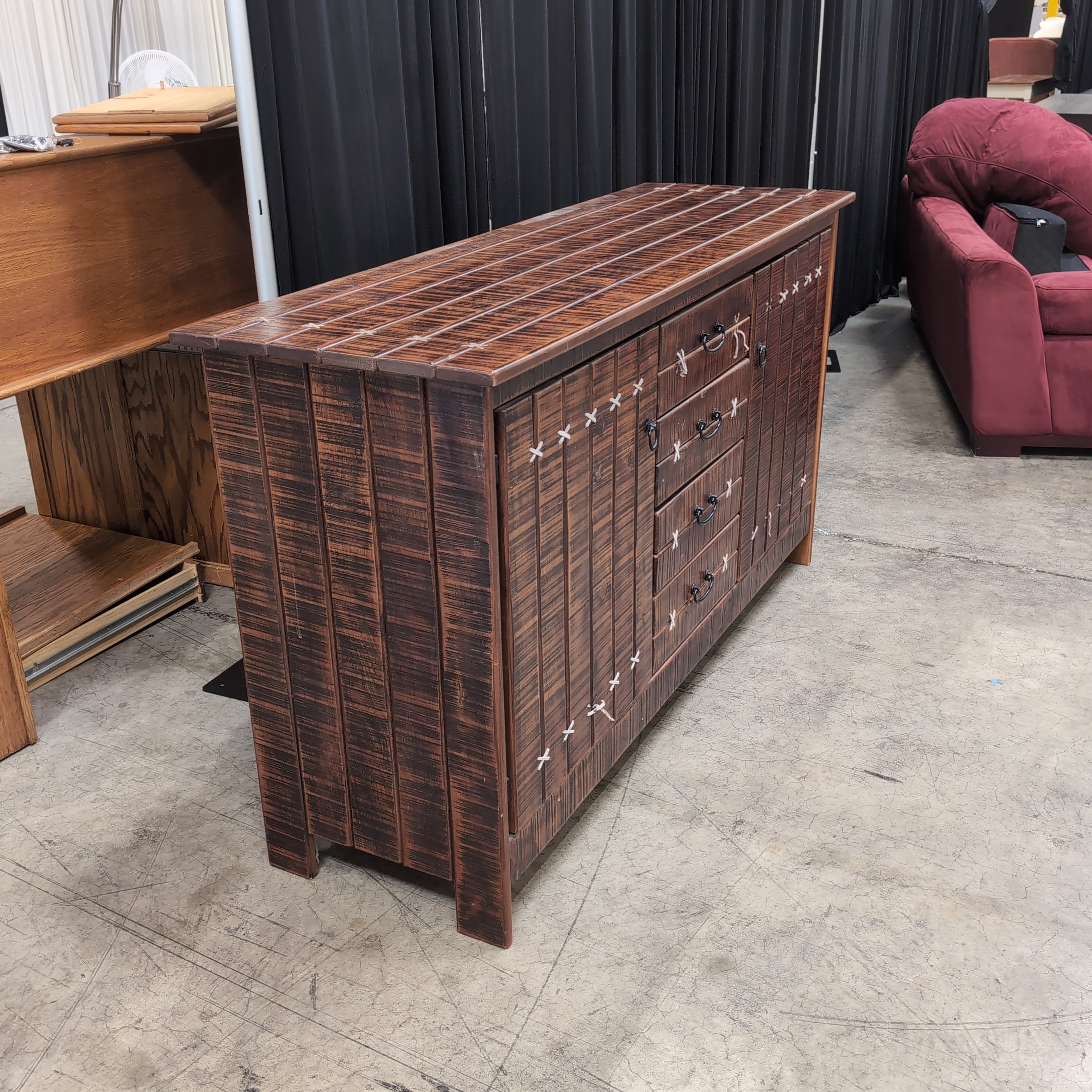 Rustic Dark Wood Buffet with X-Stitched Detail Doors
