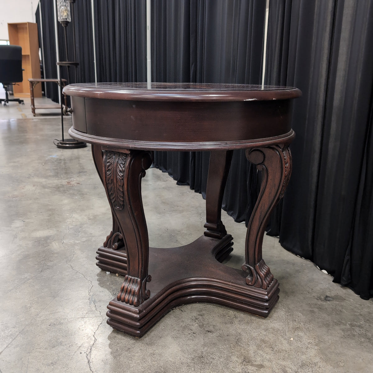 Dark Wood Round End Table with Starburst Inlay
