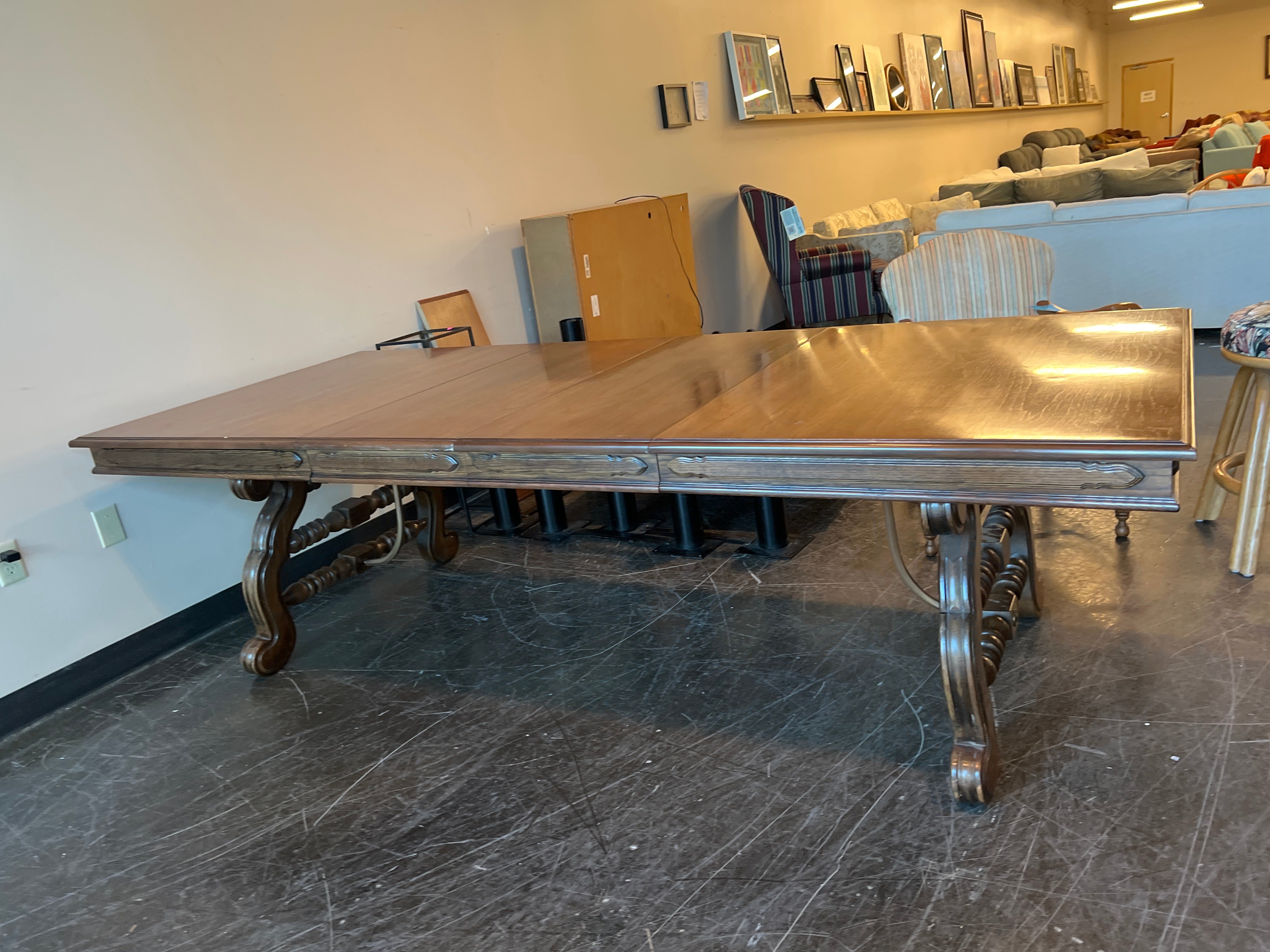 Antique Oak Dining Table with Hand Craved Base & 2 leaves