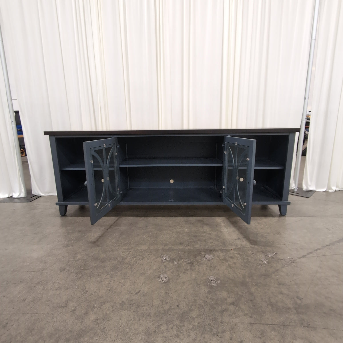 Dark Wood and Gray TV Stand with Decorative Glass Doors