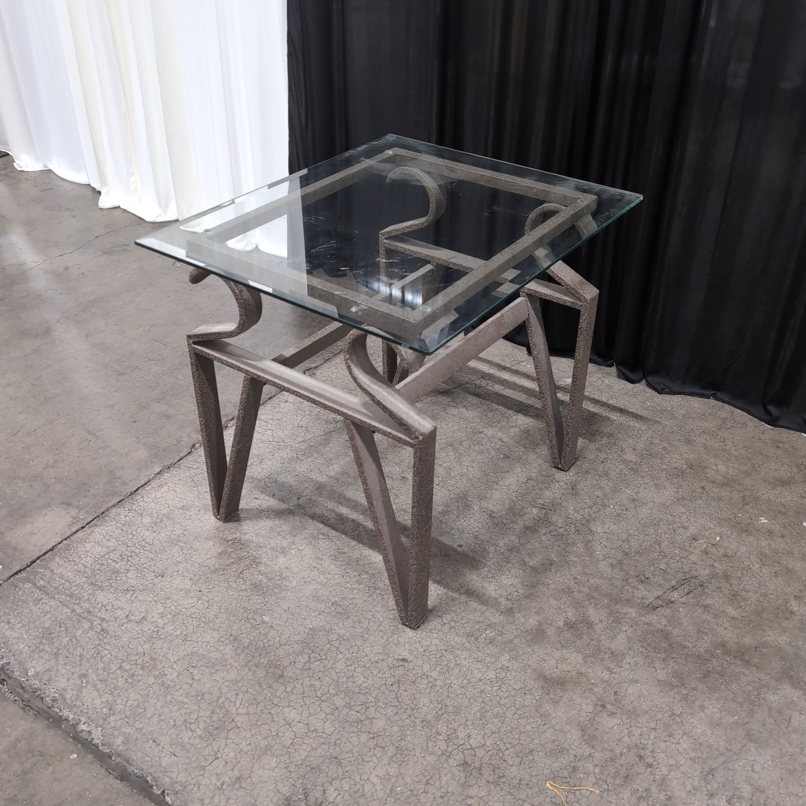 Industrial Style Metal End Table with Glass Top