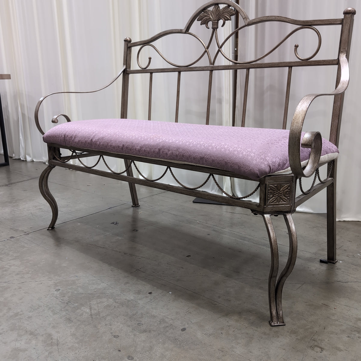 Ornate Champagne Metal Bench with Purple Upholstery