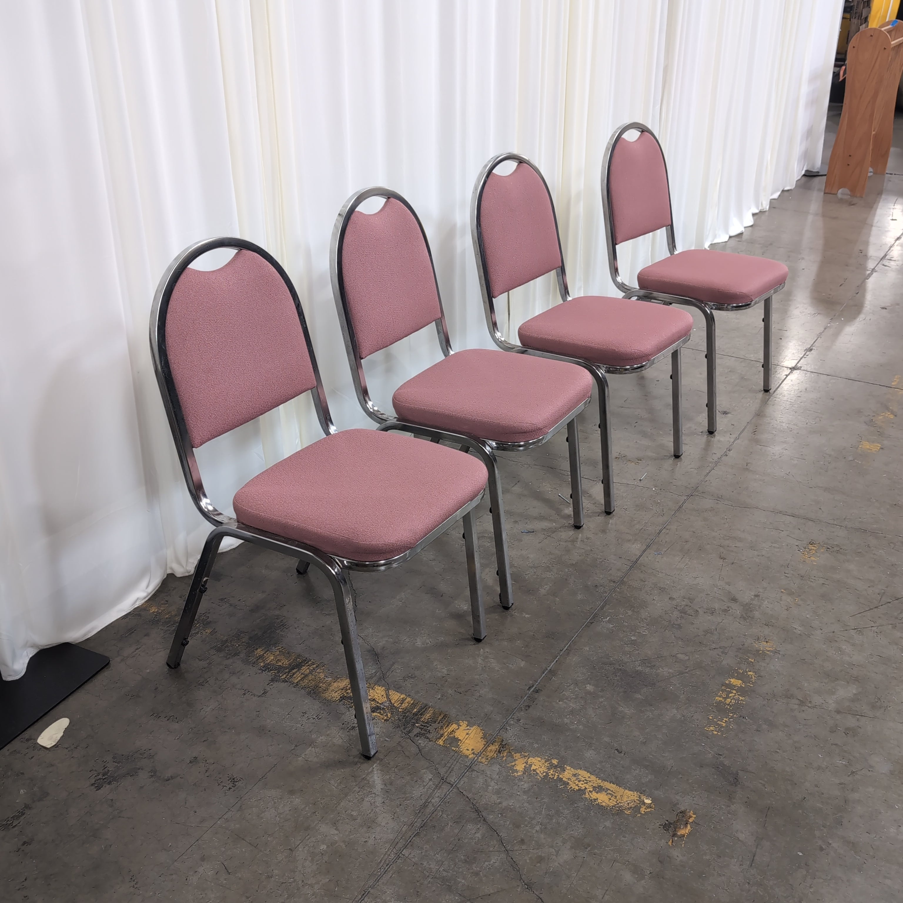 Set of Four Pink Upholstered Stacking Chair with Chrome Frame