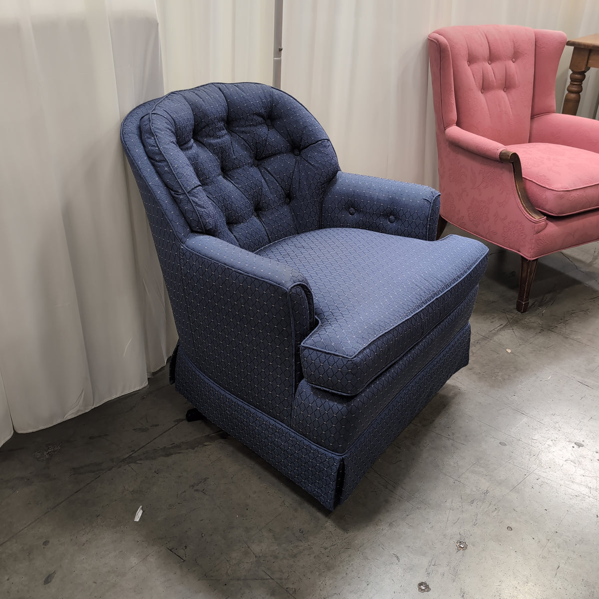 Dark Blue Tufted Upholstered Chair with Geometric Pattern