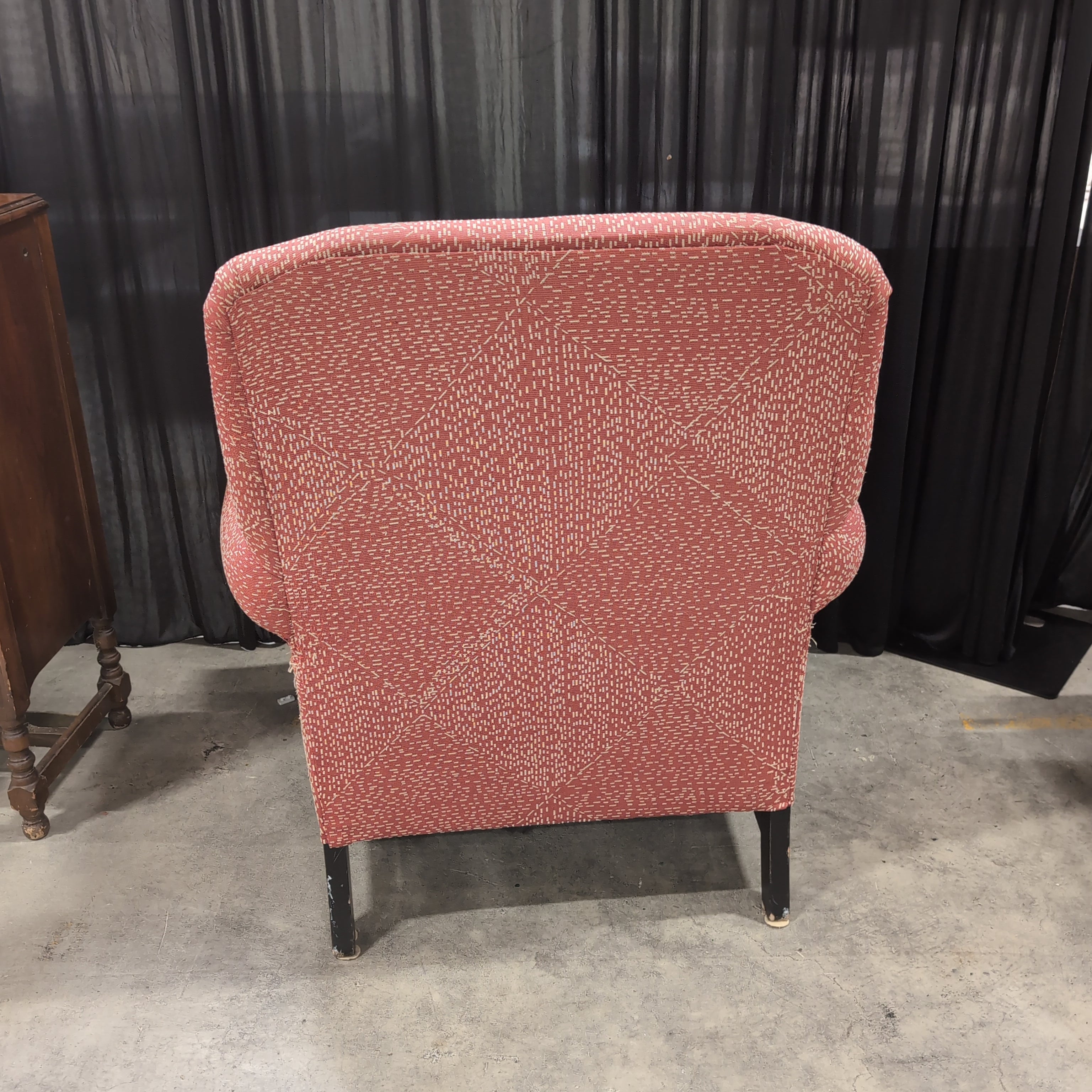 Red Patterned Upholstered Armchair with Rolled Arms
