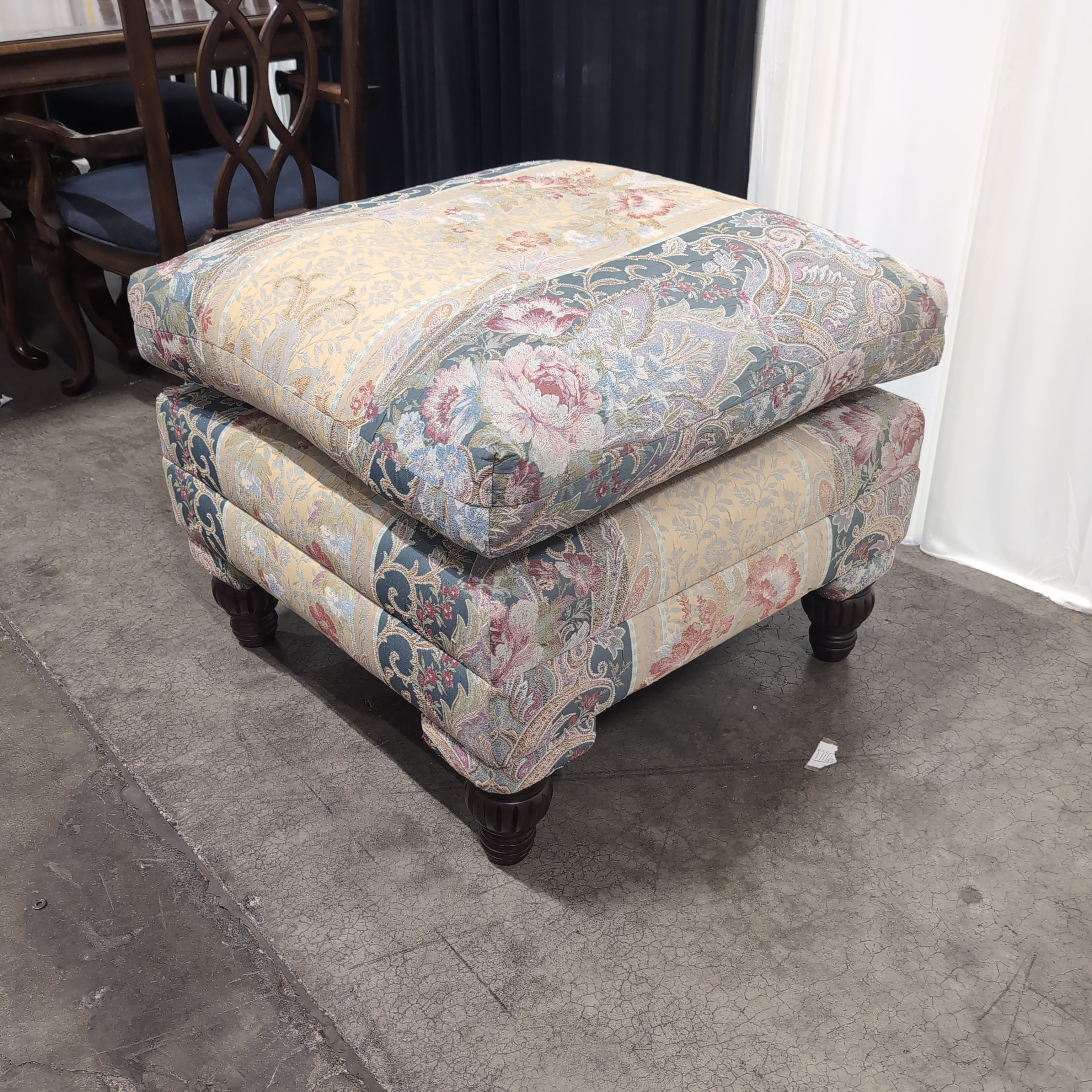 Multi-Color Floral Paisley Upholstered Ottoman with Turned Wood Feet