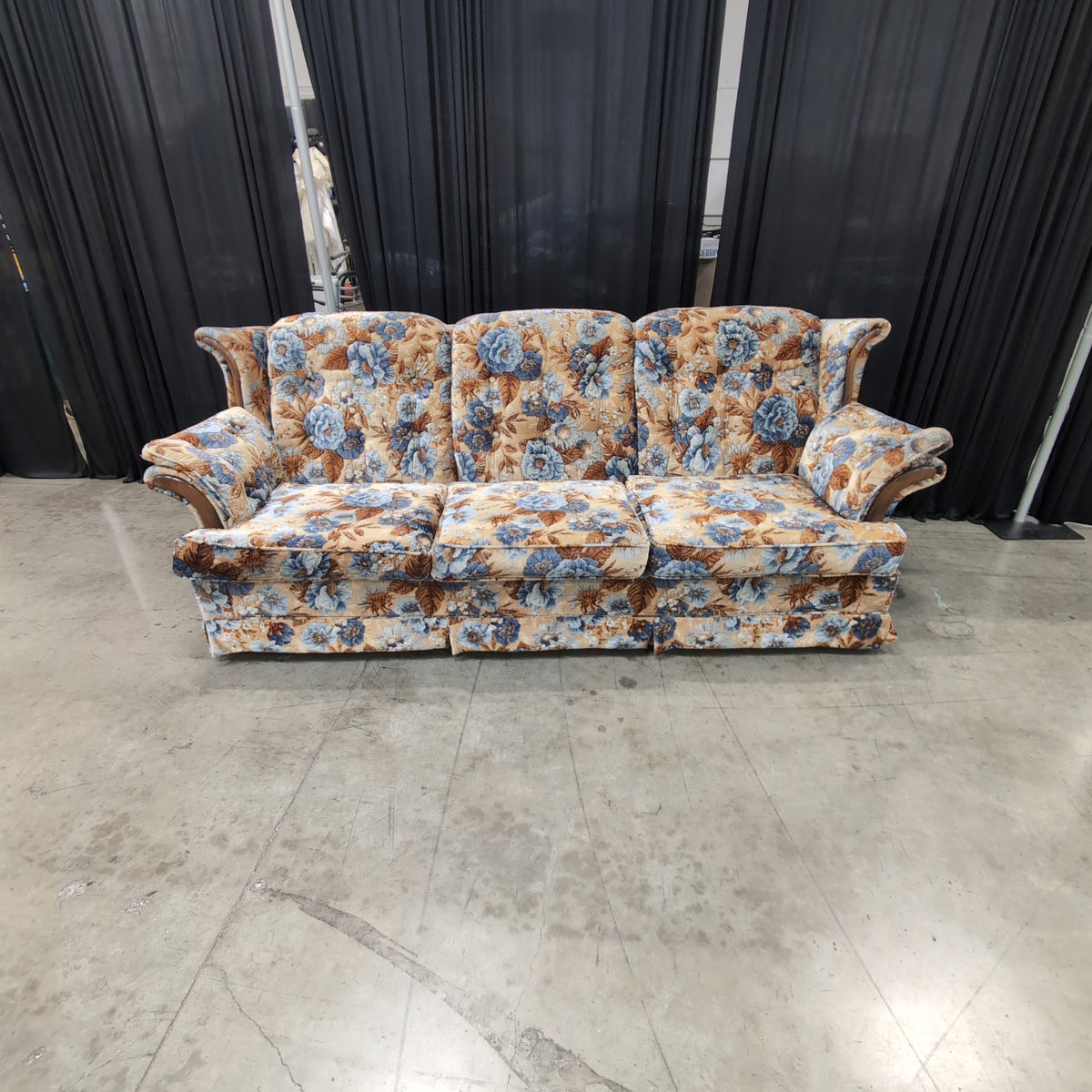 Retro Blue and Orange Floral Three-Seat Couch