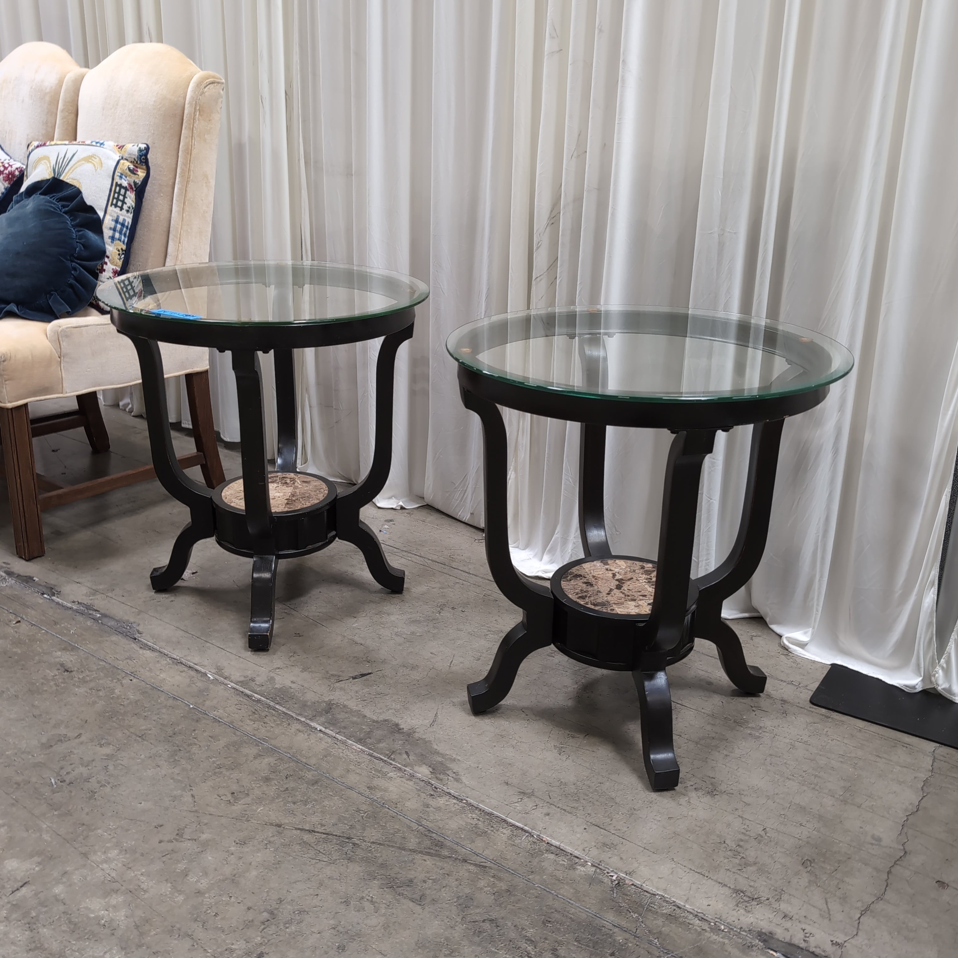 Dark Metal and Glass Coffee Table Set with Marble Inlay