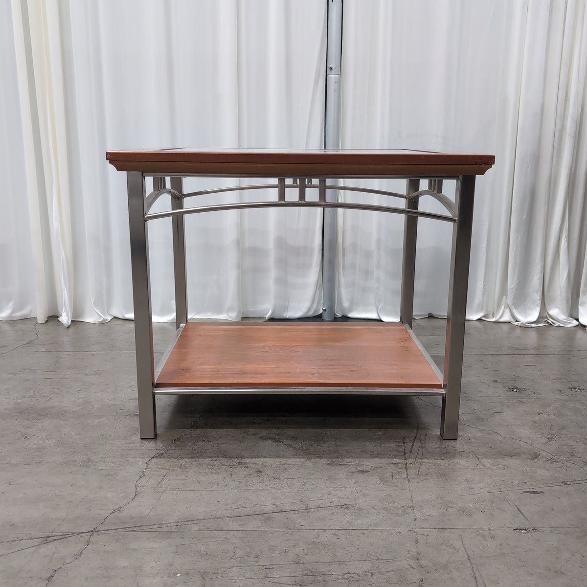 Cherry-Toned Wood and Metal End Table with Glass Top