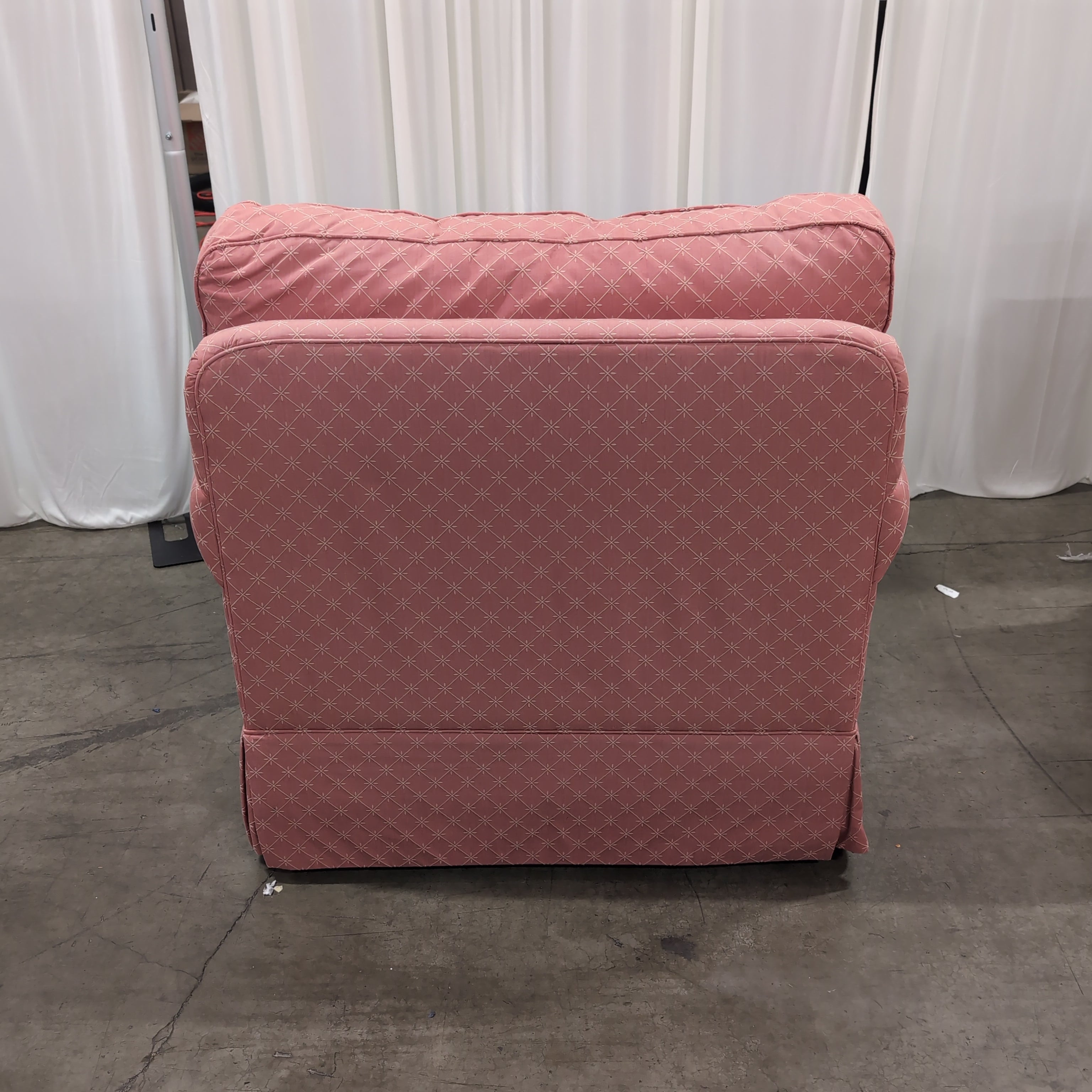 Ethan Allen Pink Geometric Pattern Armchair with Rolled Arms