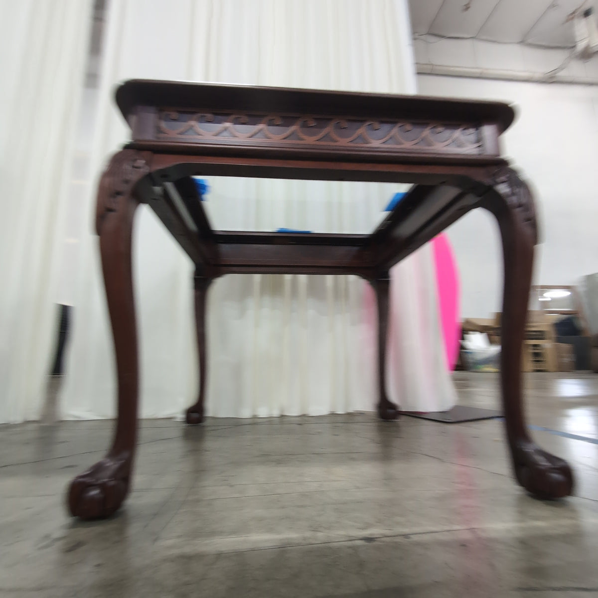 Carved Dark Wood Square End Table with Glass Top
