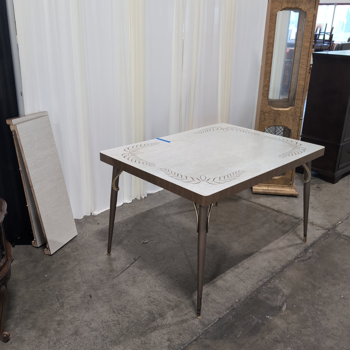 Mid-Century Light Grey Laminate Dining Table with Leaf Pattern