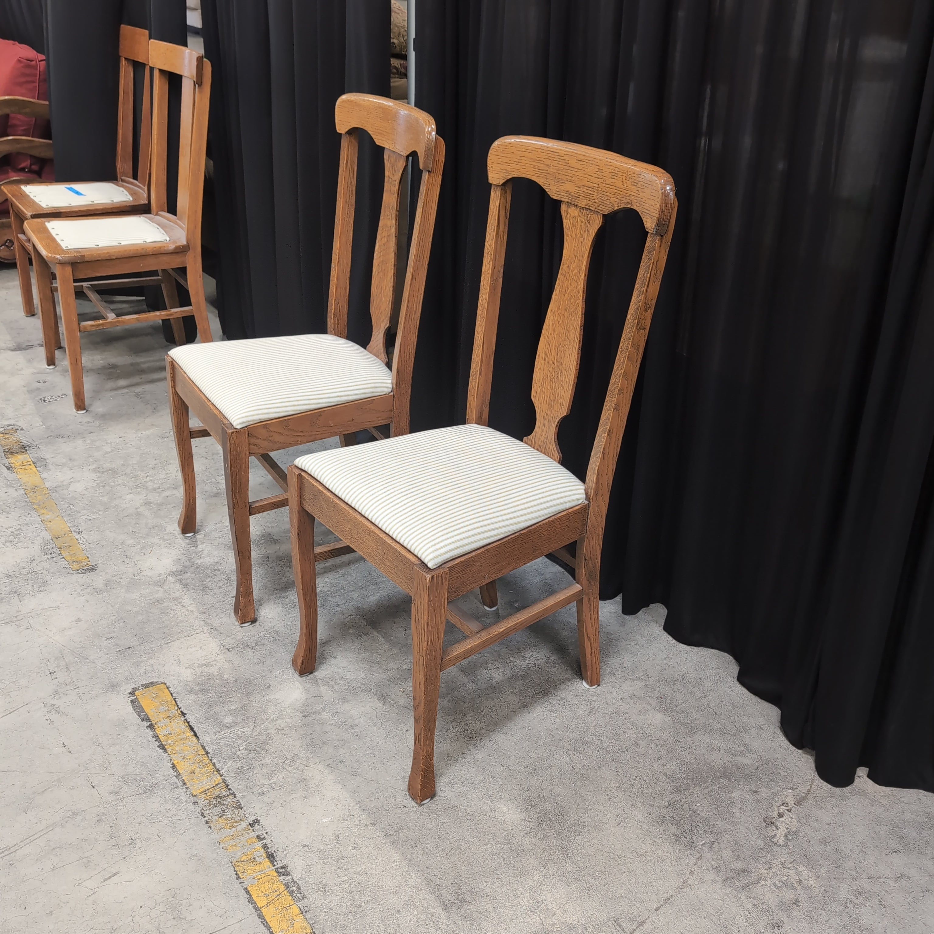 Pair of Vintage Oak Dining Chair with Striped Upholstery