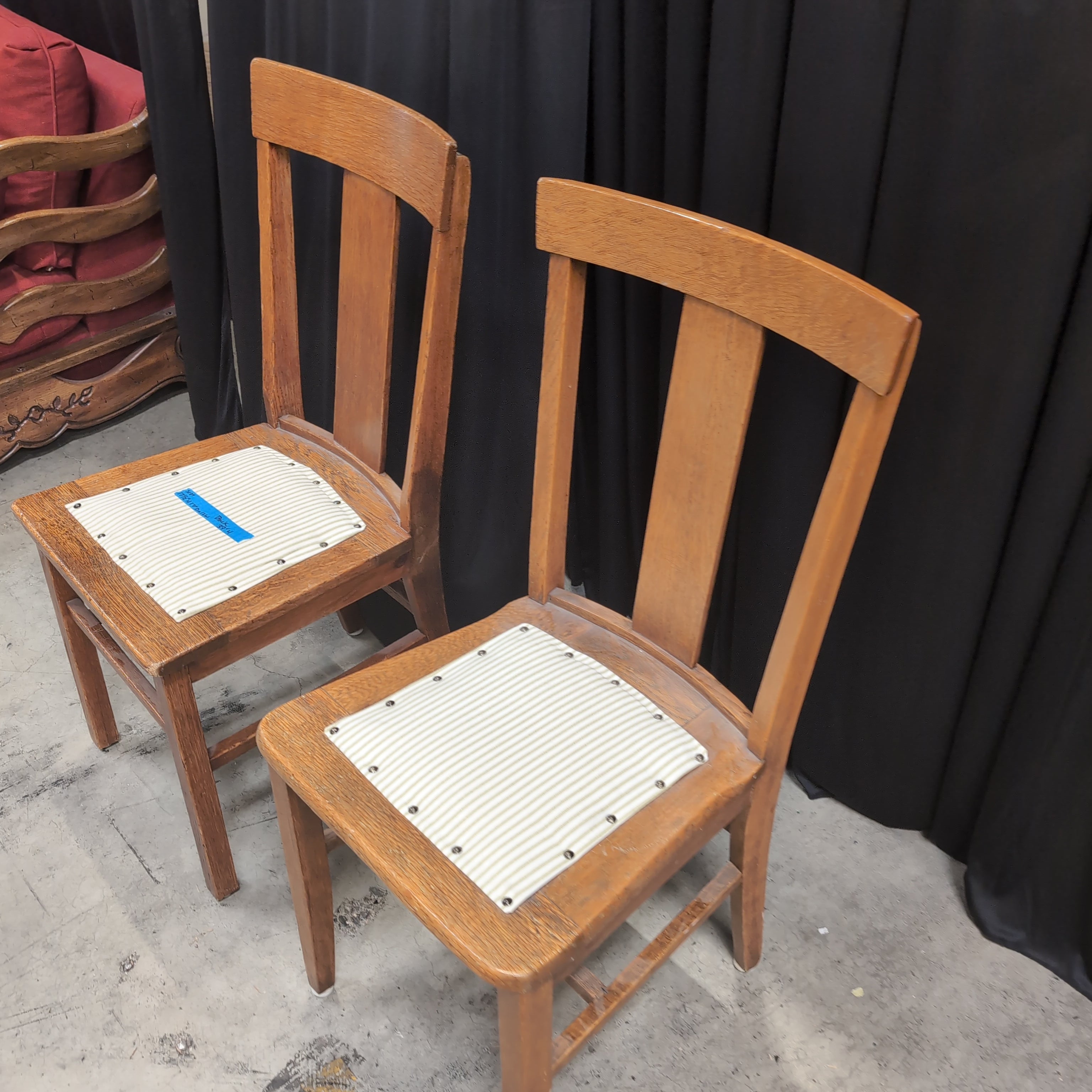 Pair of Oak T-Back Dining Chair with Striped Upholstery