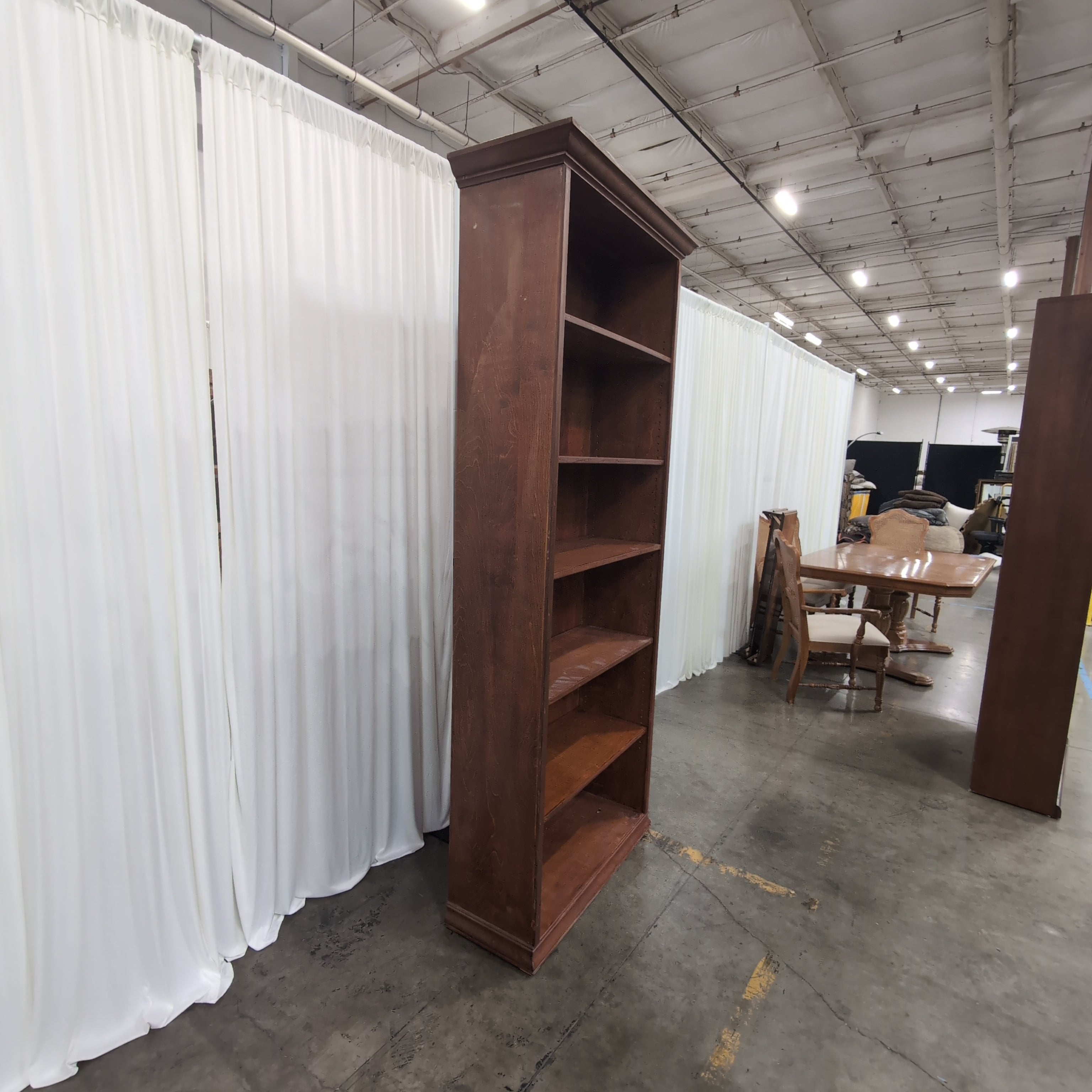 Brown Wood Five-Shelf Bookcase with Crown Molding