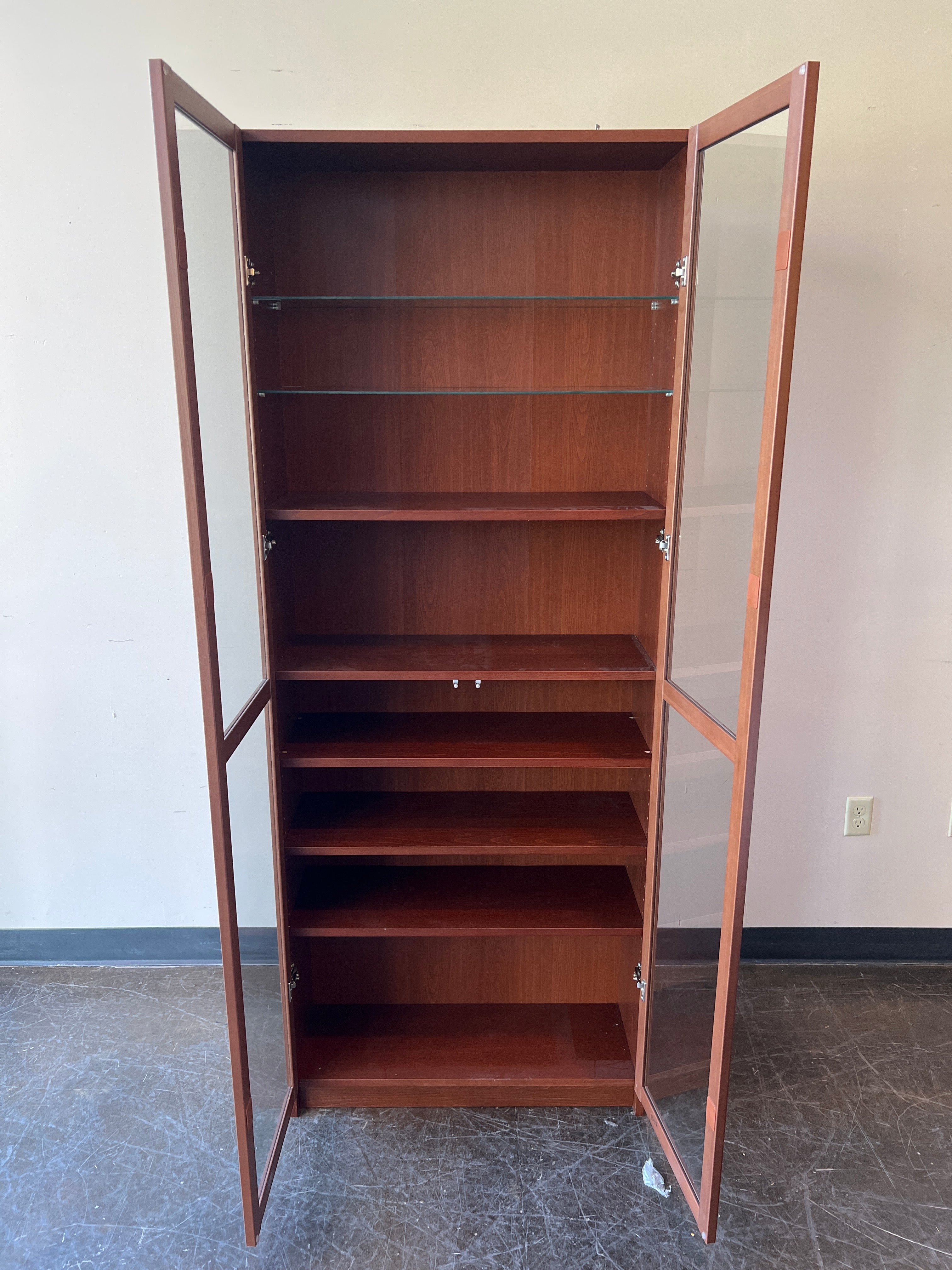 Tall Brown 8-Shelf Wood Glass Display Cabinet