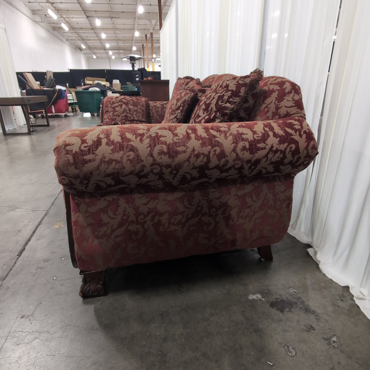 Traditional Red and Gold Brocade Couch with Carved Wood Frame