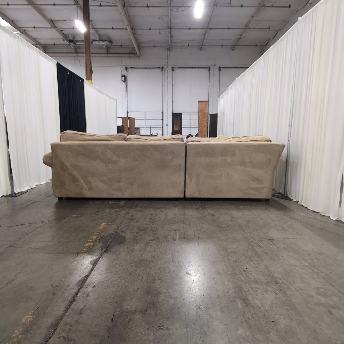 Tan L-Shaped Sectional Couch with Rolled Arms