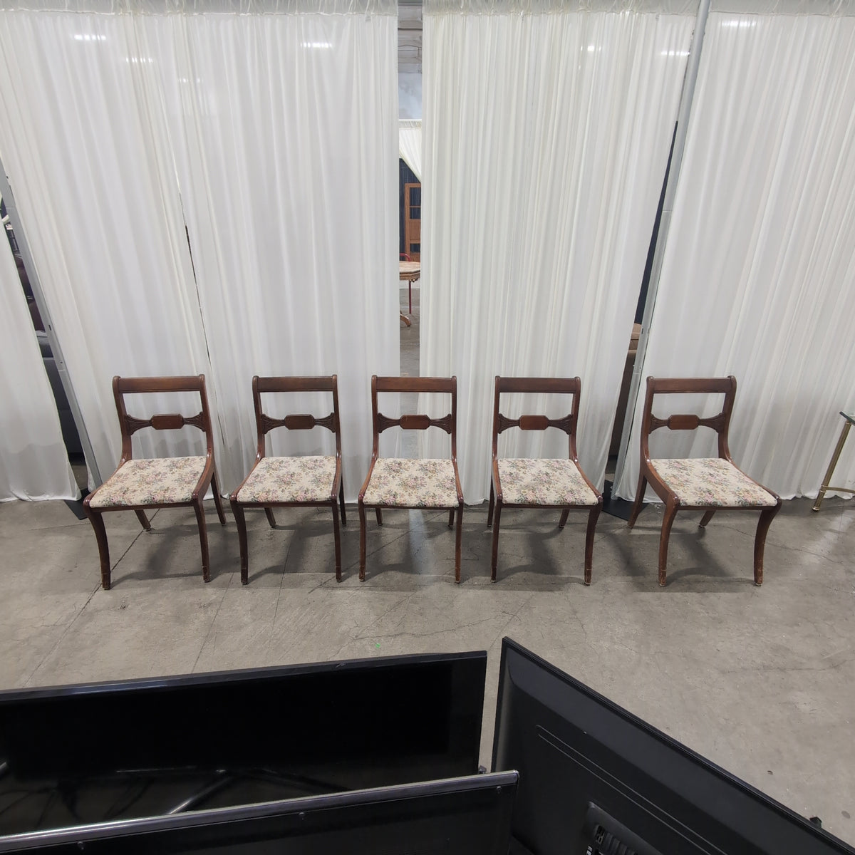 Set of Five Drexel Traditional Dark Wood Dining Chair with Floral Seat