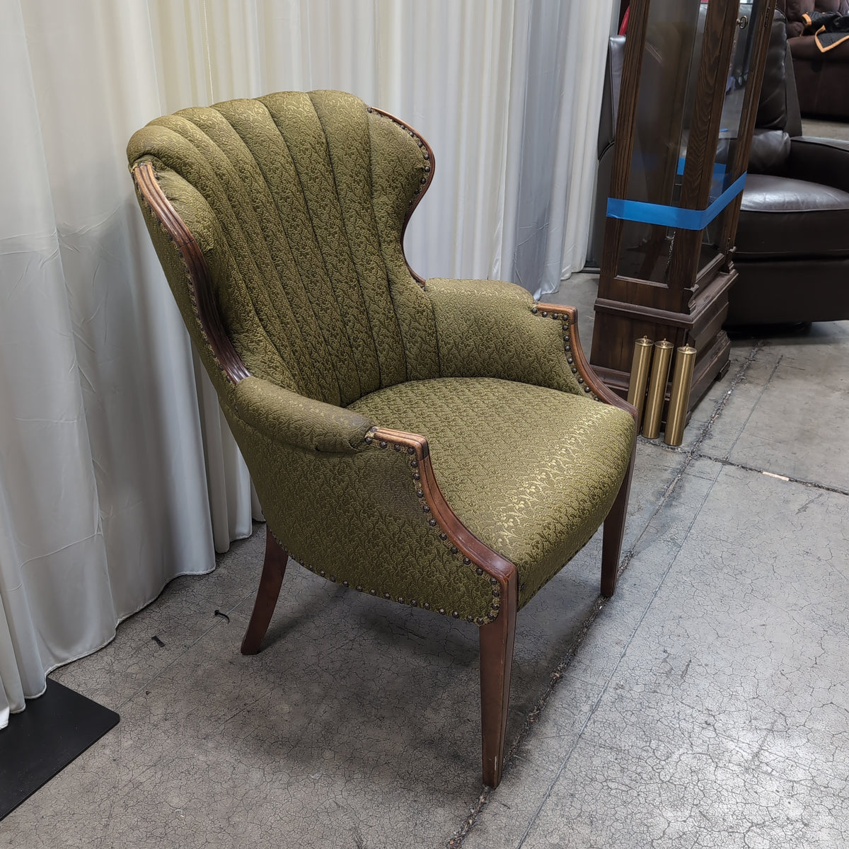 Olive Green Upholstered Fan-Back Armchair with Nailhead Trim
