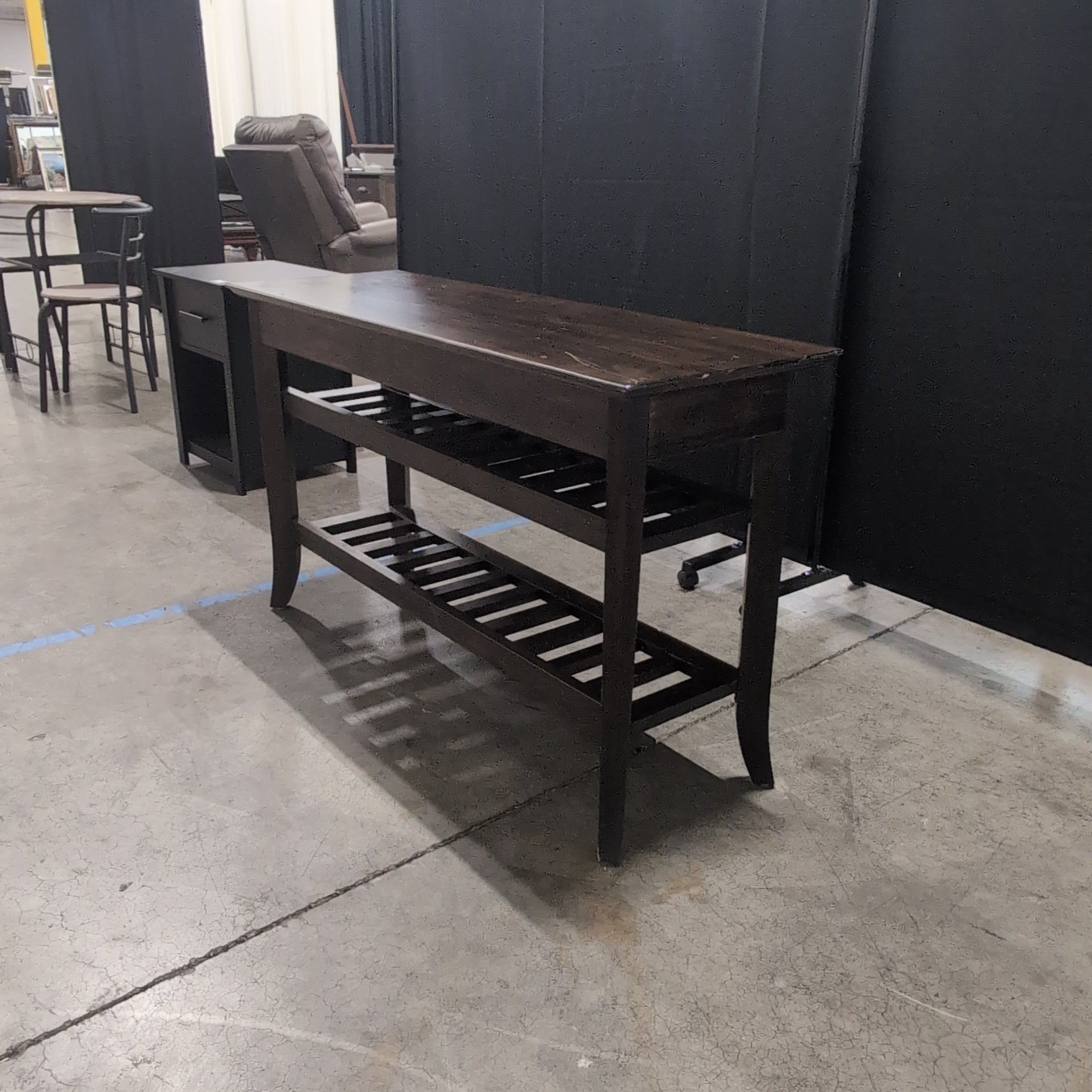 Dark Walnut Finish Wood Console Table with Slatted Shelves