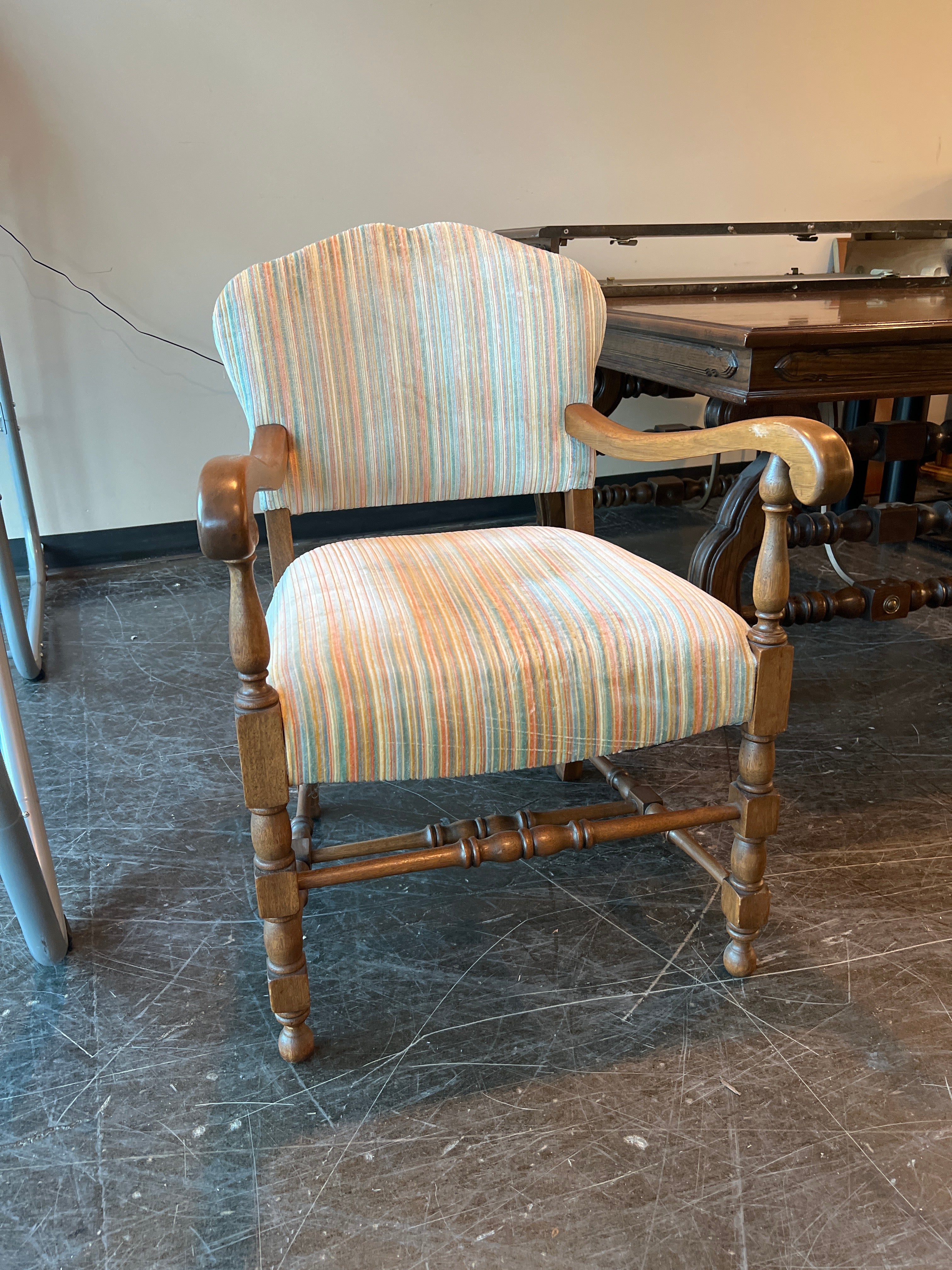 Classic Wood Frame Armchair with Multicolor Stripes