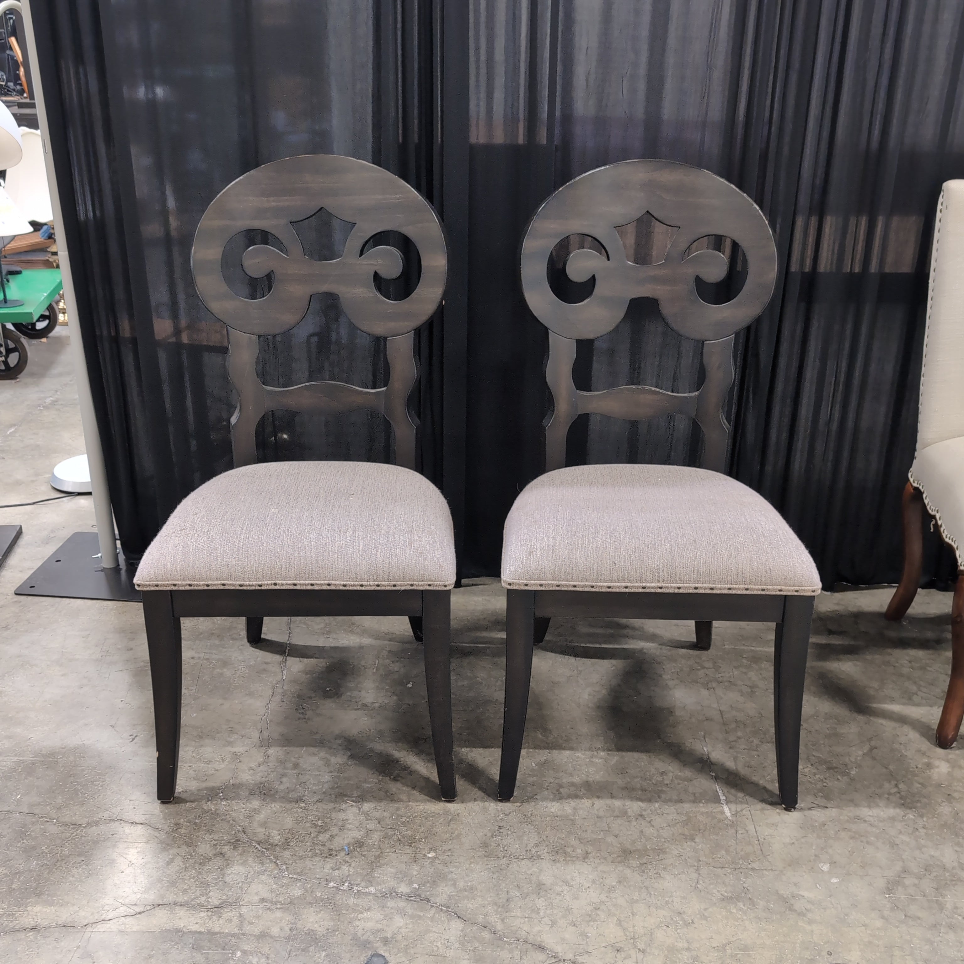 Pair of Dark Wood Ornate Back Dining Chairs with Upholstered Seats