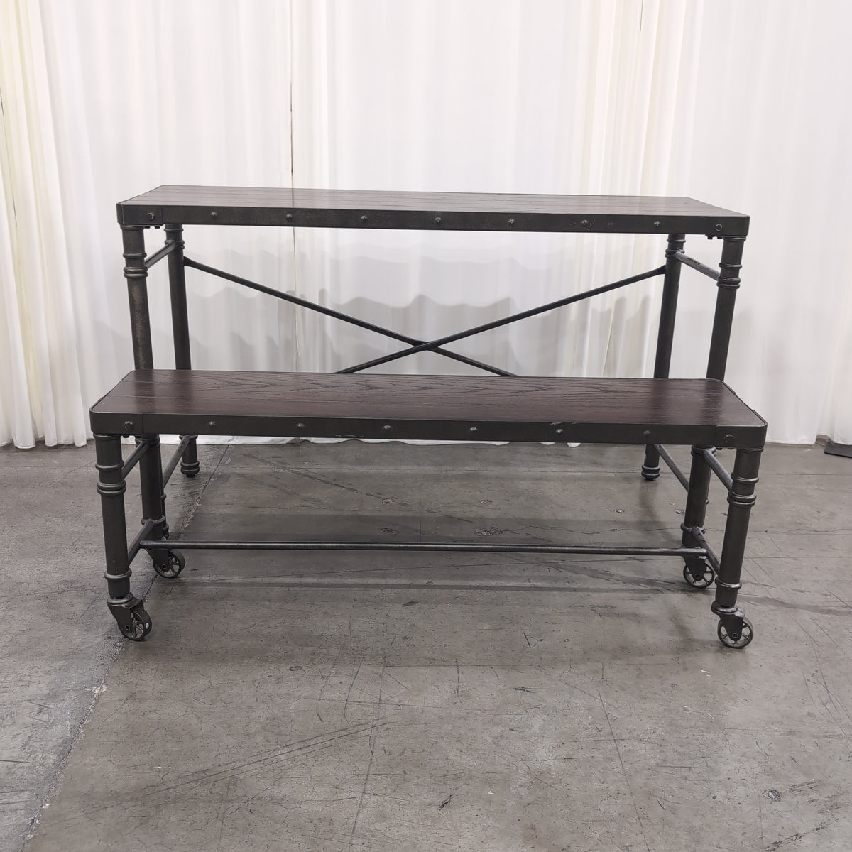 Industrial Dark Wood Console Table with Matching Bench