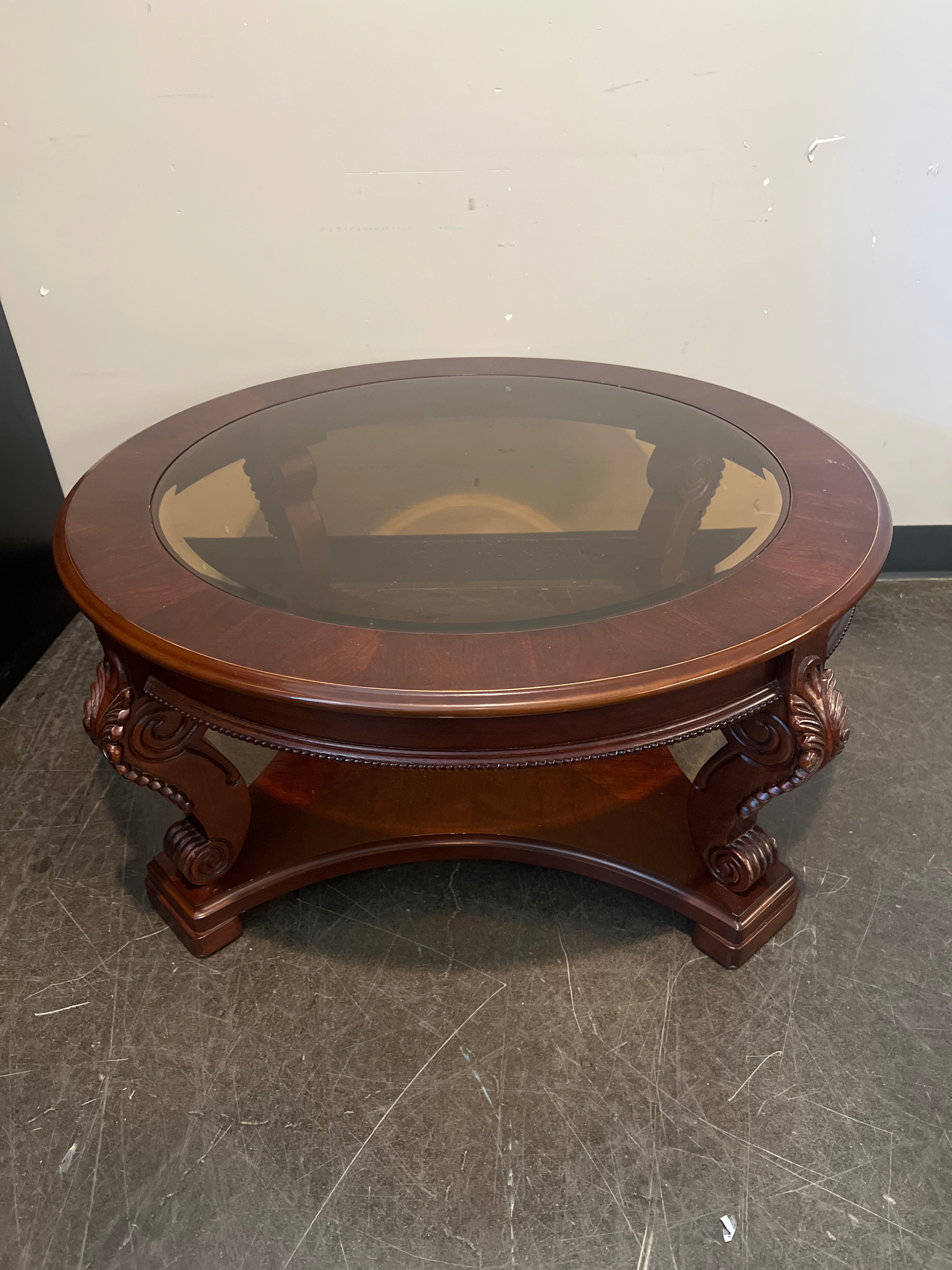 Round Wood Coffee Table with Glass Top