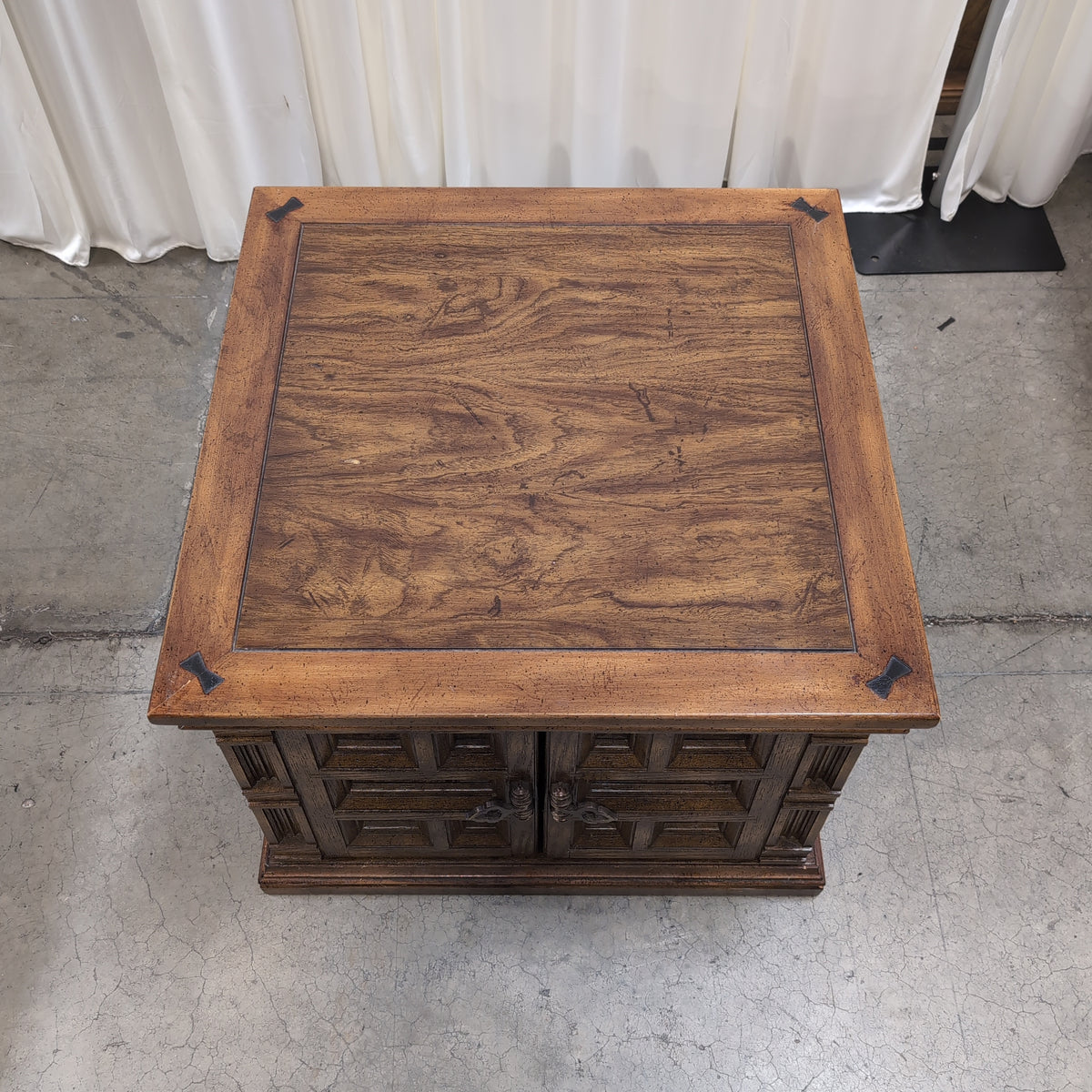 Vintage Carved Wood End Table with Cabinet Doors