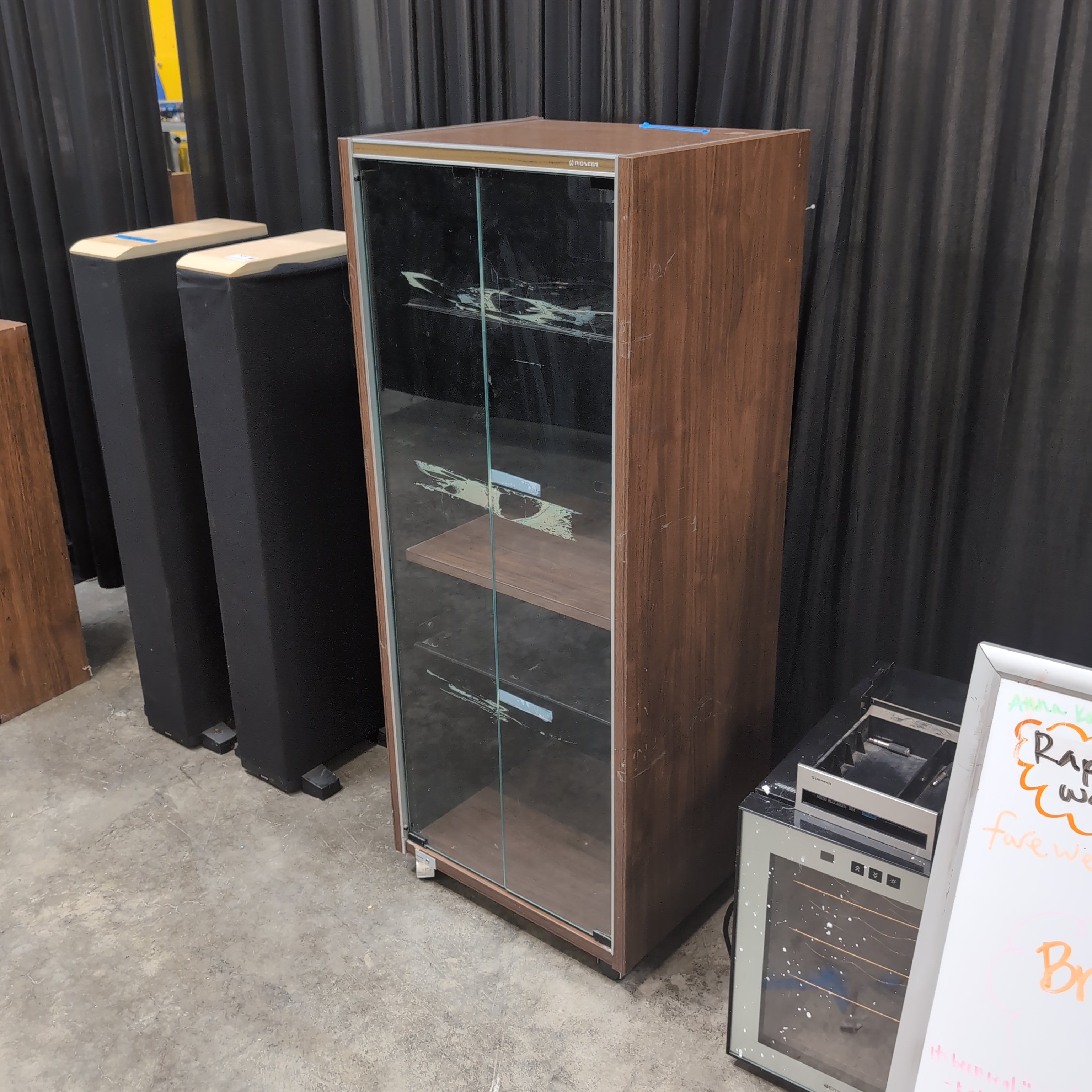 Pioneer Vintage Brown Wood TV Stand with Glass Doors