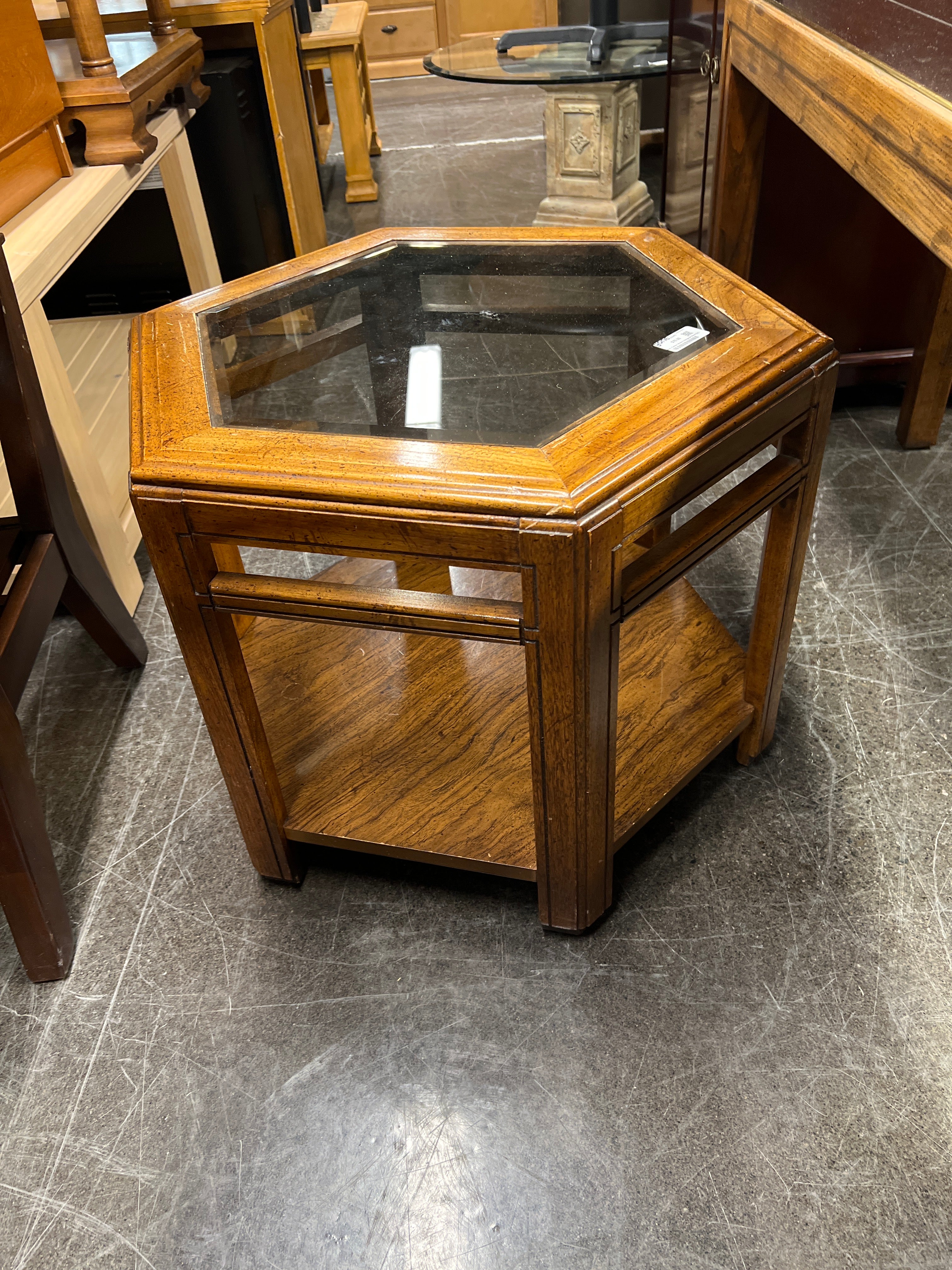 Mid-Century Modern Hexagonal Wood End Table with Glass Top